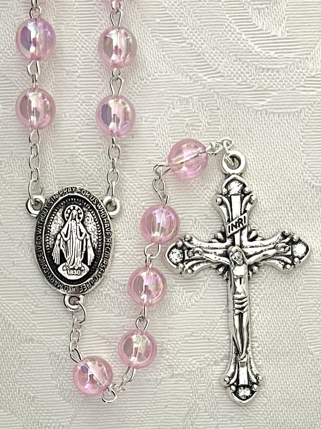 8mm PINK AB ROSARY SILVER OXIDIZED CRUCIFIX AND CENTER