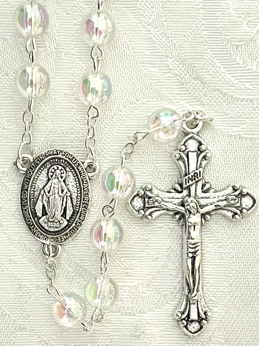 8mm CRYSTAL  AB ROSARY SILVER OXIDIZED CRUCIFIX AND CENTER