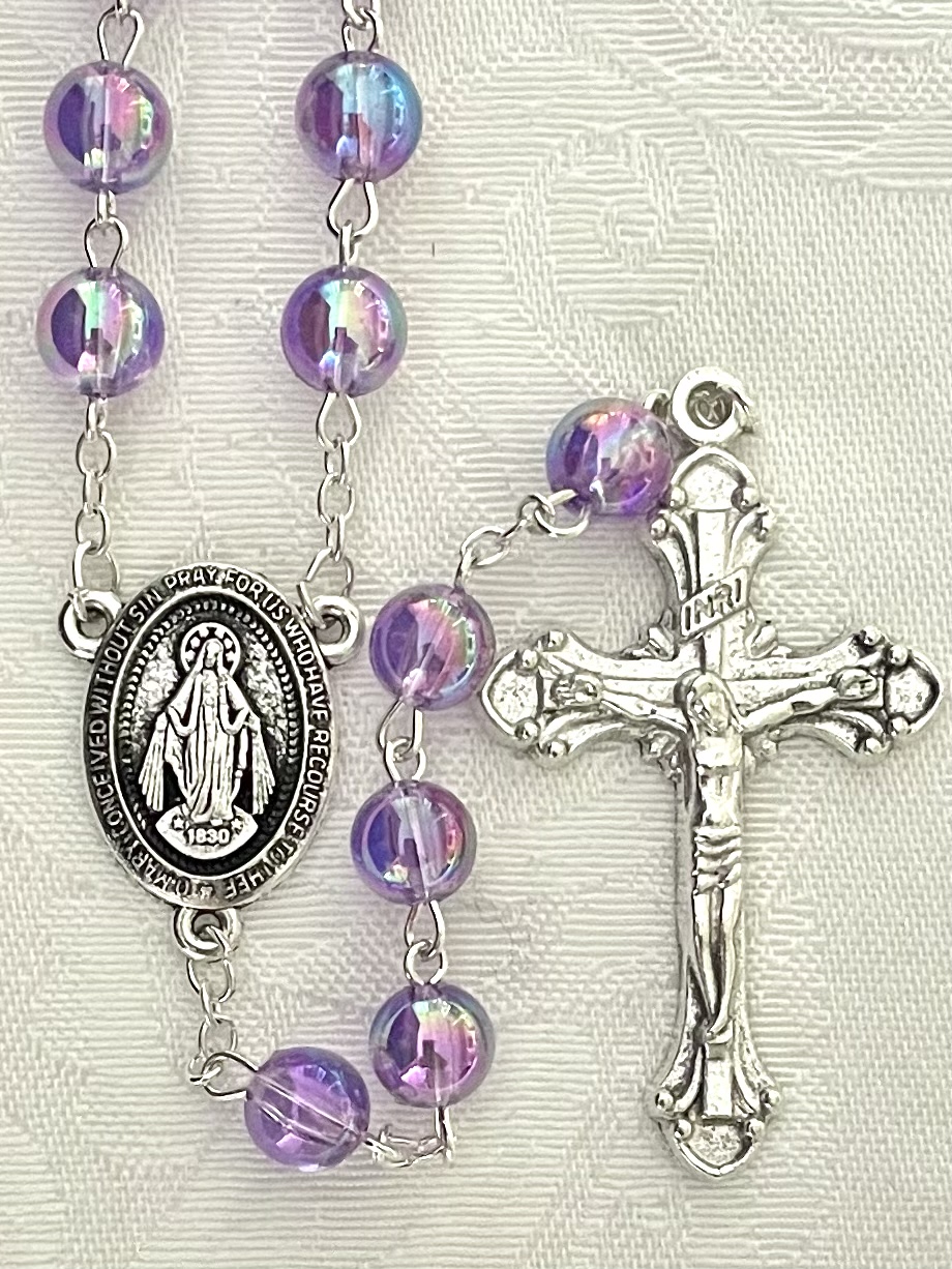 8mm AMETHYST AB ROSARY SILVER OXIDIZED CRUCIFIX AND CENTER