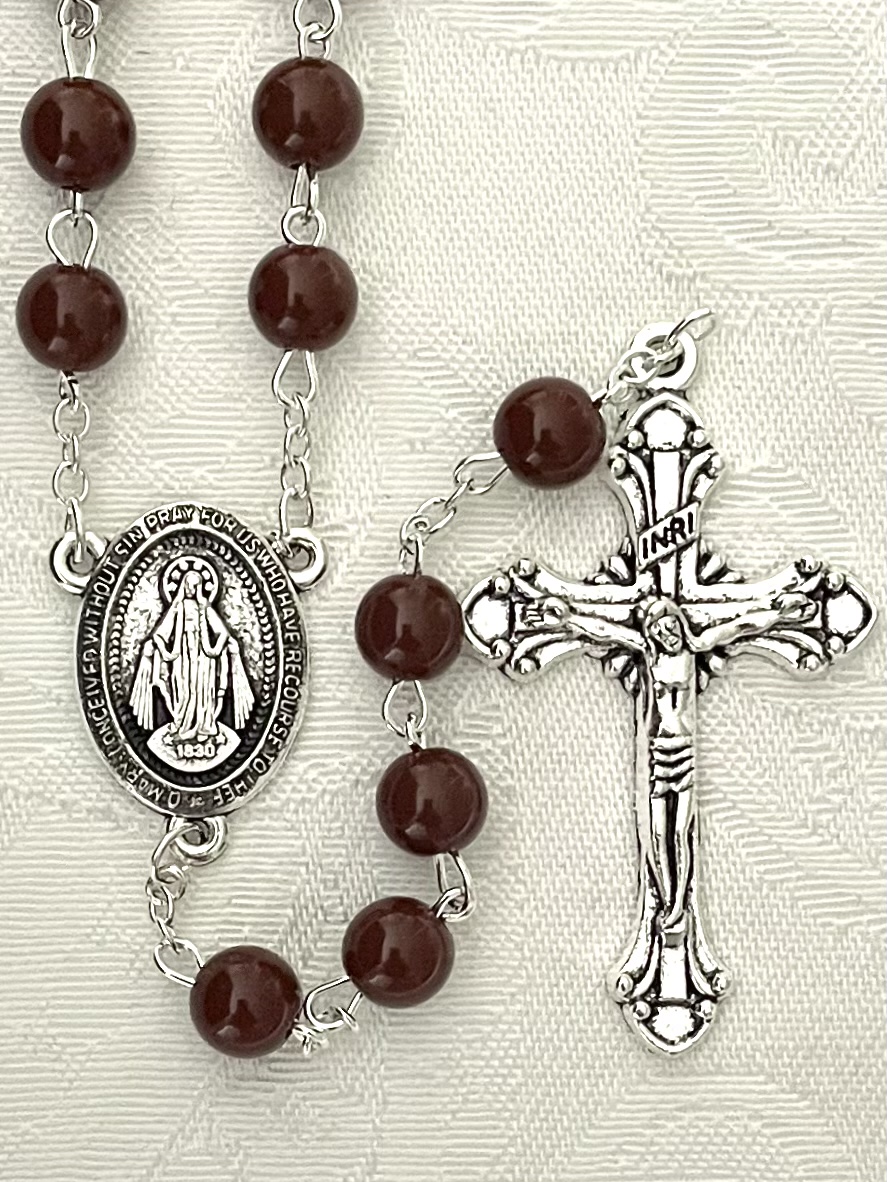 8mm BROWN ROSARY SILVER OXIDIZED CRUCIFIX AND CENTER