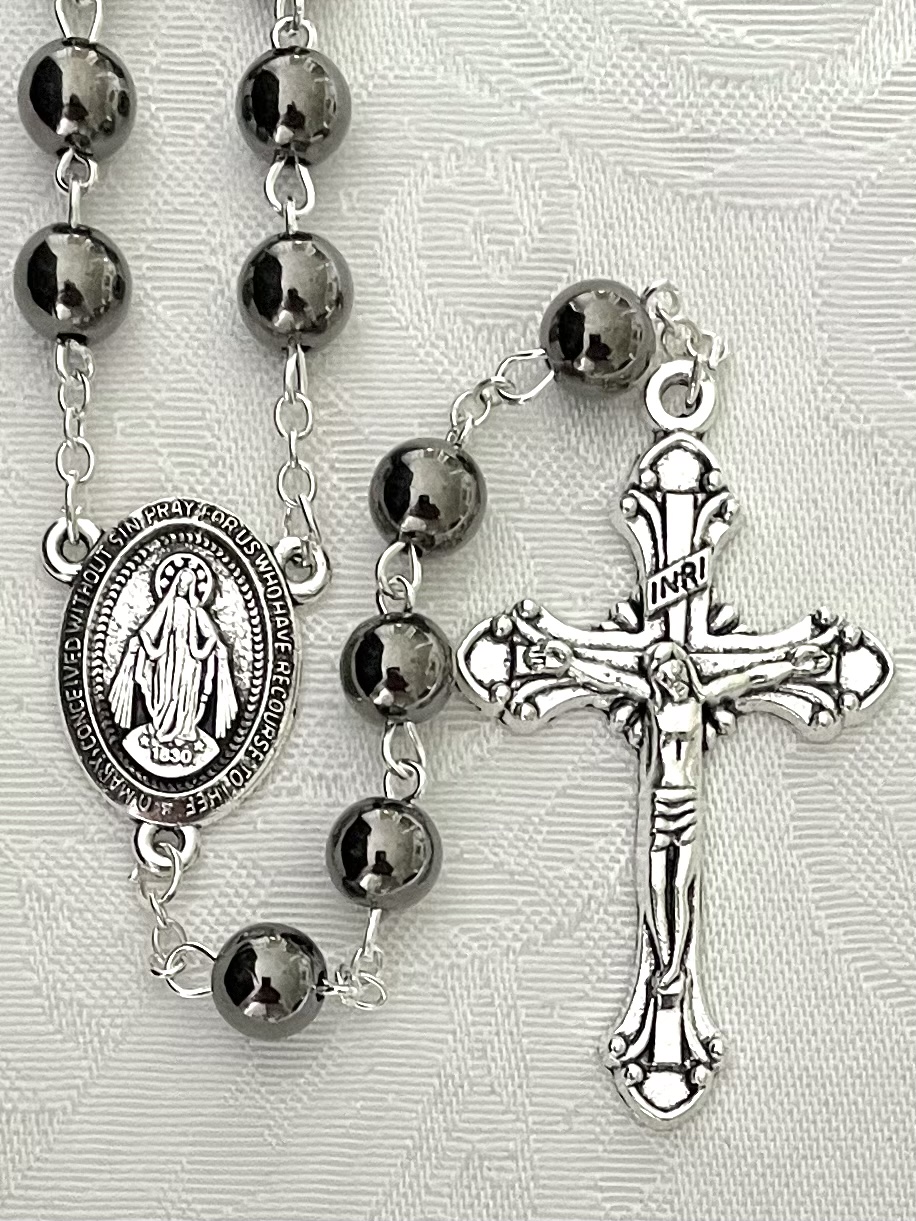8mm HEMATITE ROSARY SILVER OXIDIZED CRUCIFIX AND CENTER