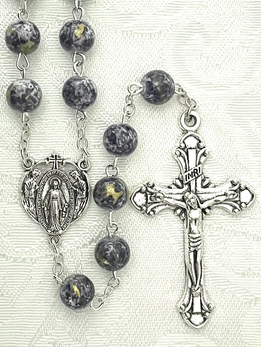 8mm DARK BLUE MARBLE ROSARY. GIFT BOXED