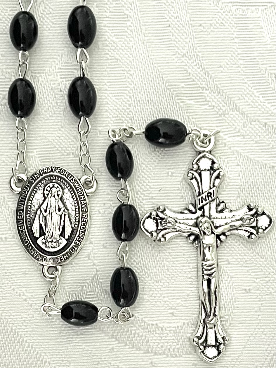 8x6mm BLACK ONYX ROSARY. GIFT BOXED