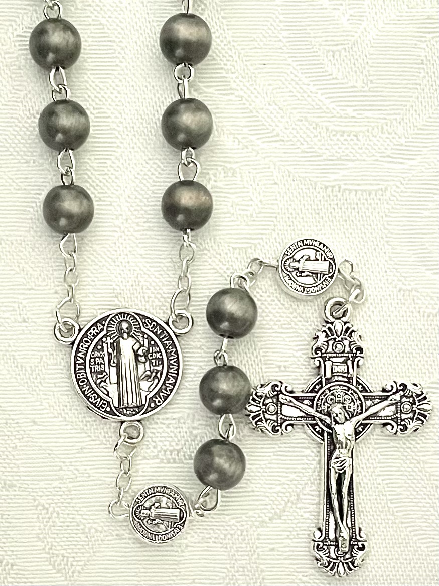 8mm GREY CAT'S EYE ST. BENEDICT ROSARY WITH SILVER O.F. BEADS. GIFT BOXED
