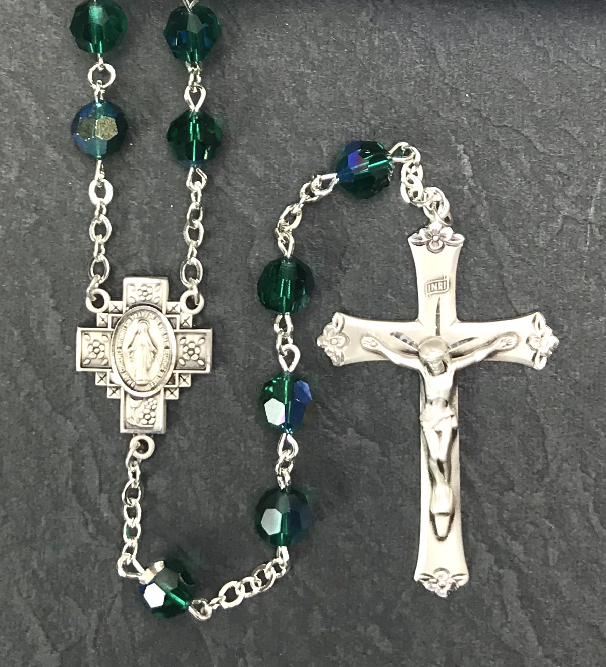 7MM EMERALD TIN CUT AB ALL STERLING SILVER ROSARY