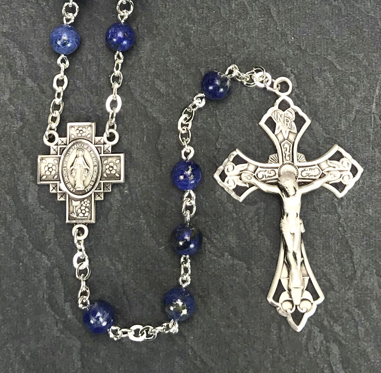 6mm ROUND LAPIS GEMSTONE ALL STERLING SILVER EXCELSIOR ROSARY