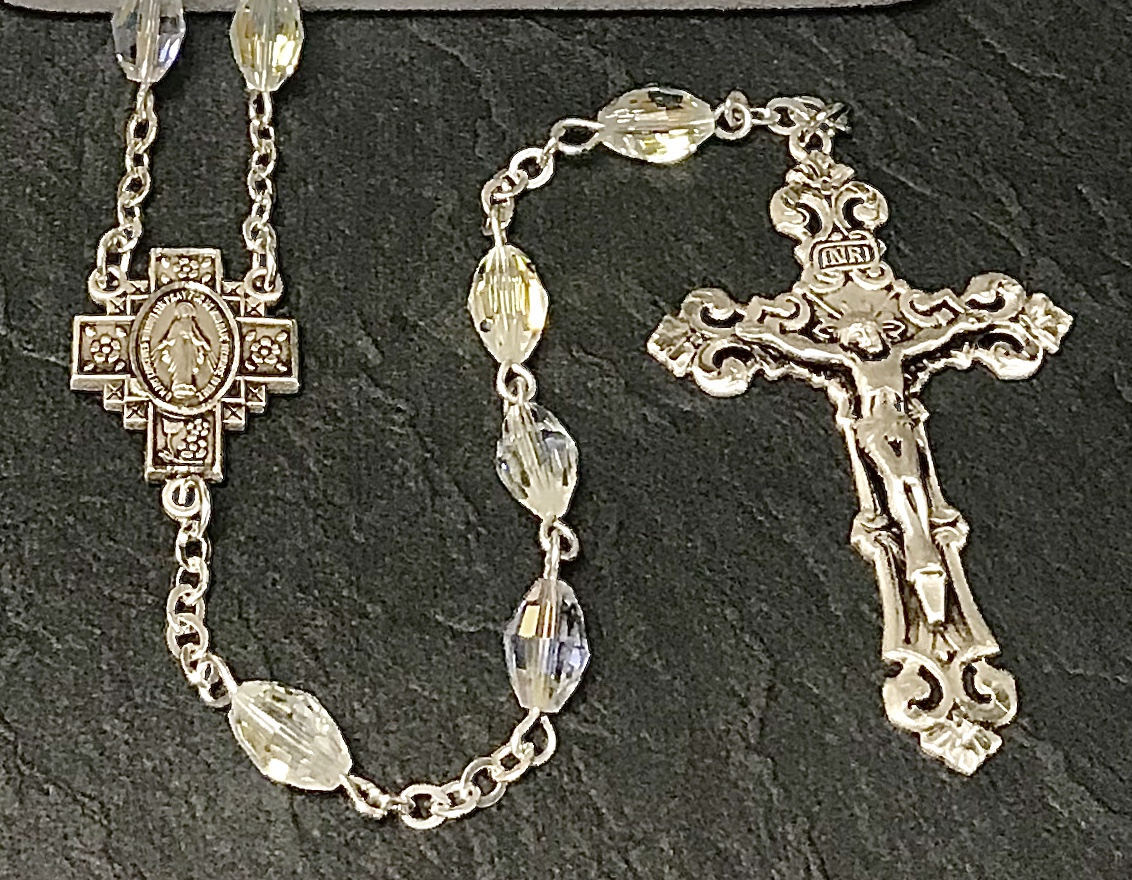 9x6mm OVAL SWAROVSKI CRYSTAL AB ALL STERLING SILVER EXCELSIOR ROSARY WITH STERLING SILVER WIRE, CHAIN, CROSS, & CENTER