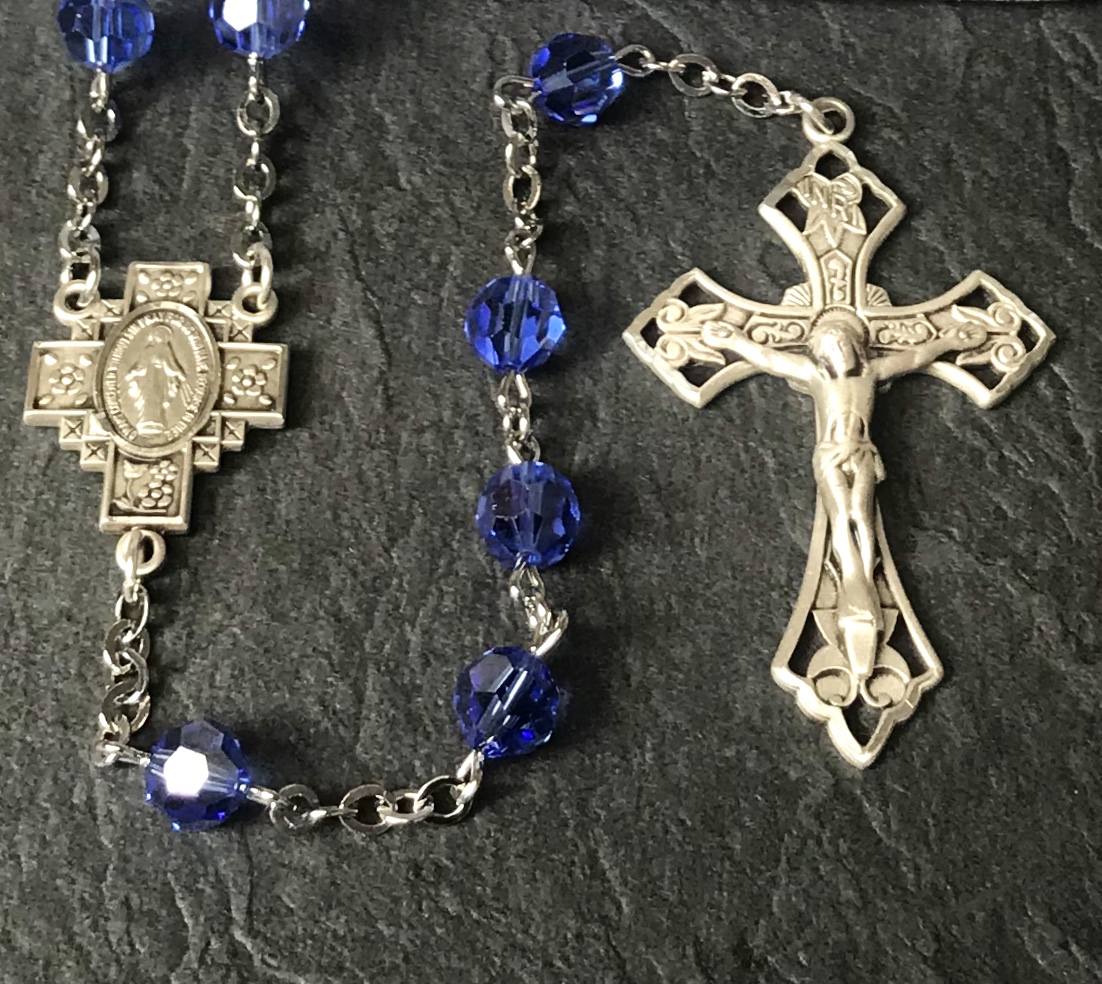 7mm ROUND SAPPHIRE AB SWAROVSKI ALL STERLING EXCELSIOR ROSARY WITH STERLING SILVER WIRE, CHAIN, CROSS, & CENTER