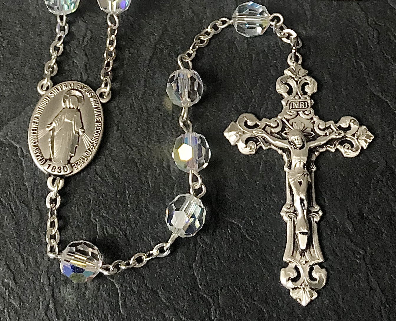 8mm ROUND CRYSTAL AB SWAROVSKI ALL STERLING EXCELSIOR ROSARY WITH STERLING SILVER WIRE, CHAIN, CROSS, & CENTER