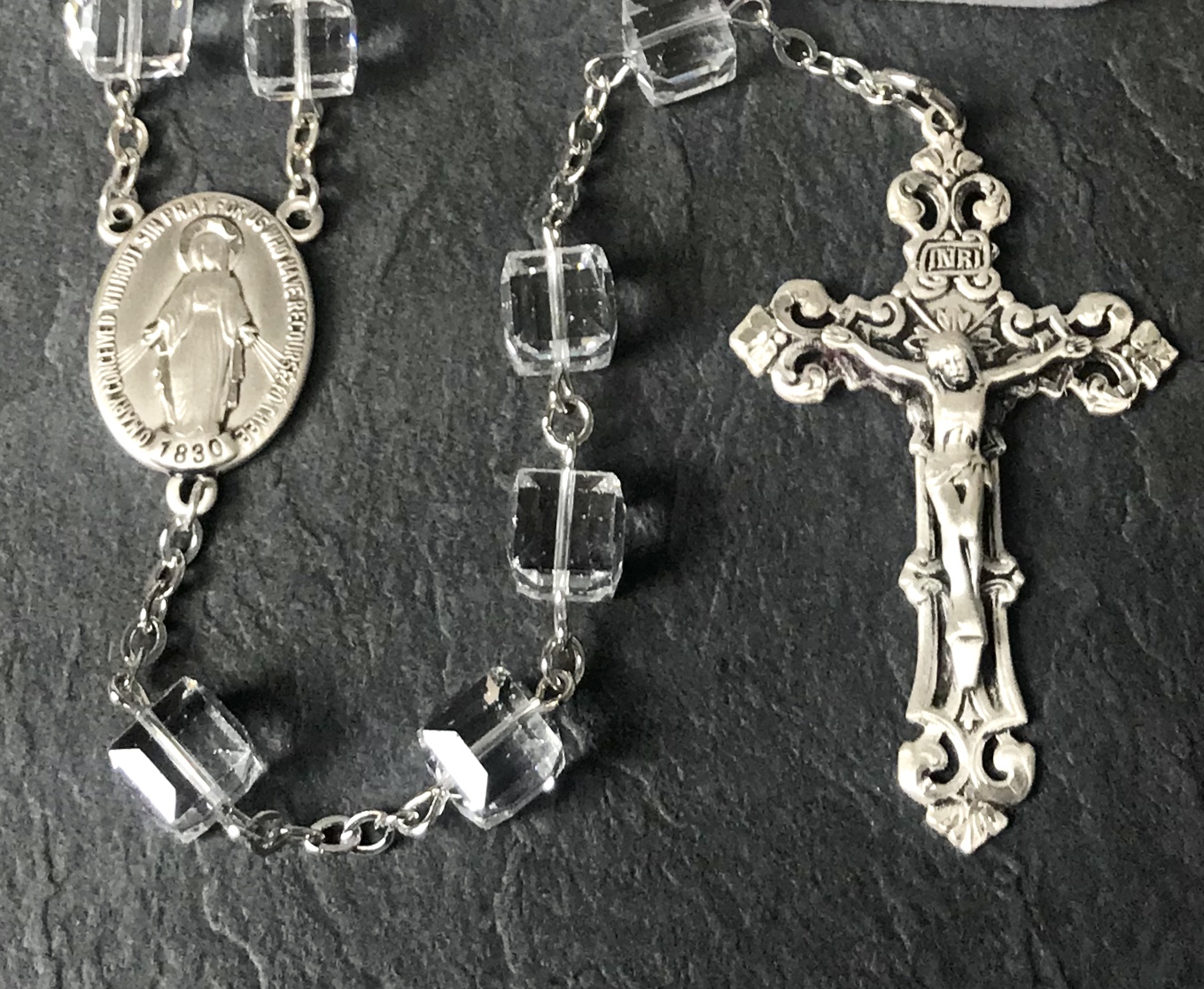 8mm ICE CUBE SWAROVSKI CRYSTAL ALL STERLING EXCELSIOR ROSARY WITH STERLING SILVER WIRE, CHAIN, CROSS, & CENTER