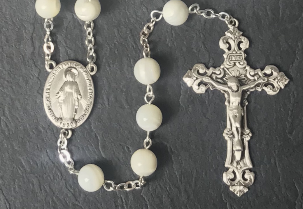 8mm ROUND MOTHER OF PEARL ALL STERLING EXCELSIOR ROSARY WITH STERLING SILVER WIRE, CHAIN, CROSS, & CENTER