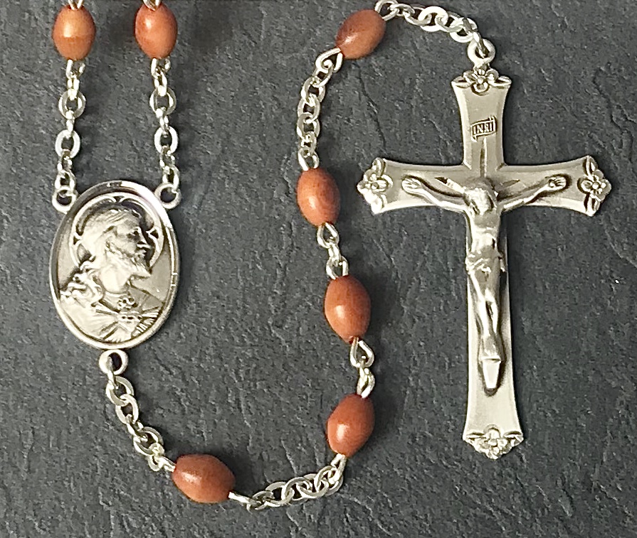 5x7mm OVAL BROWN COCO ALL STERLING SILVER EXCELSIOR ROSARY WITH STERLING SILVER WIRE, CHAIN, CROSS, & CENTER