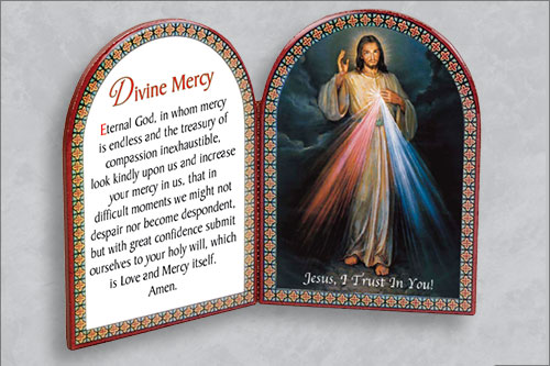 4.5in DIVINE MERCY ENAMELED WOOD BI-FOLD PLAQUE