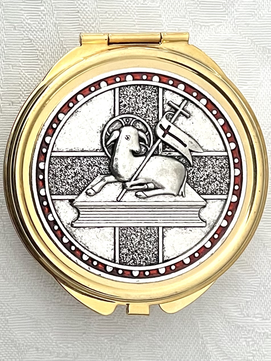 LAMB PYX/ROSARY BOX RHODIUM METAL WITH RED ENAMEL 2.5 in DIAMETER 