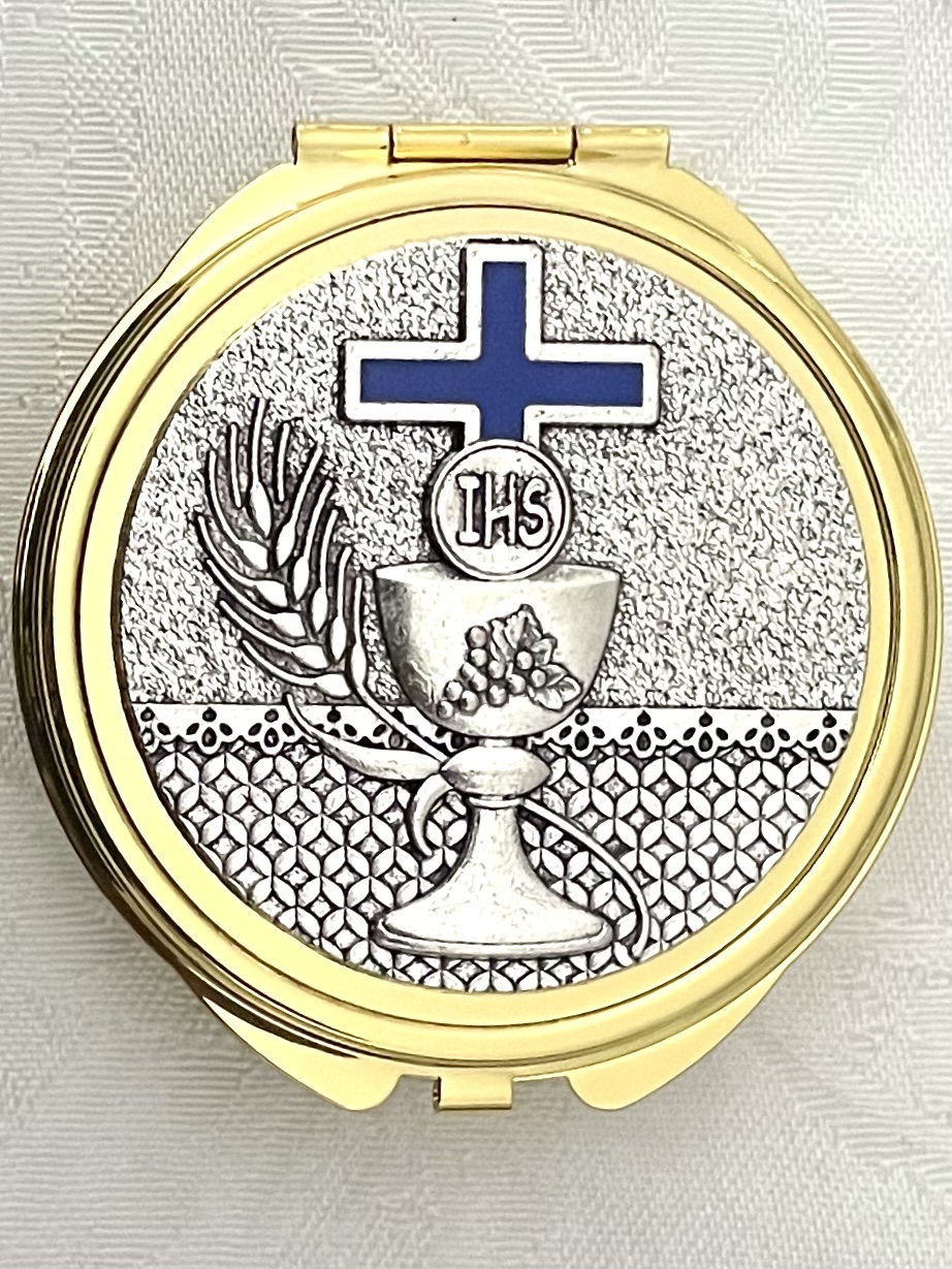 COMMUNION CHALICE PYX/ROSARY BOX GOLD METAL WITH BLUE ENAMEL 2.5 in DIAMETER 