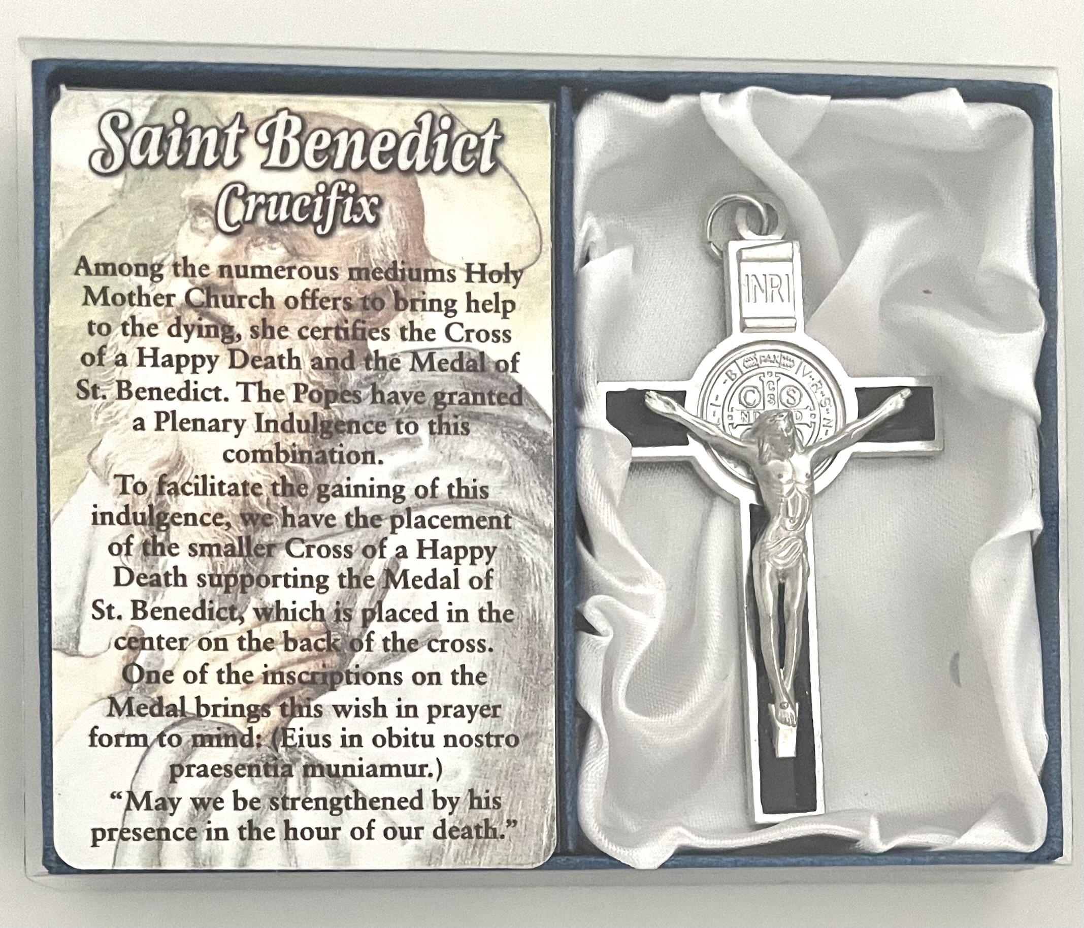 3 in Black Enameled Saint Benedict Cross with Prayer Card Gift Boxed