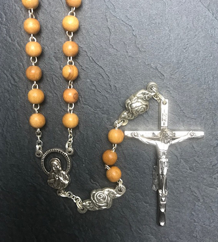 6mm OLIVEWOOD ROSARY WITH ROSEBUD OUR FATHER BEADS