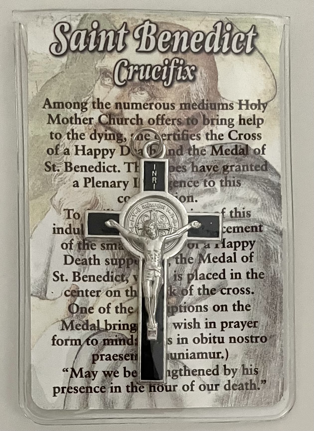 2 in Black Enameled Saint Benedict Cross with Prayer Card in Pouch
