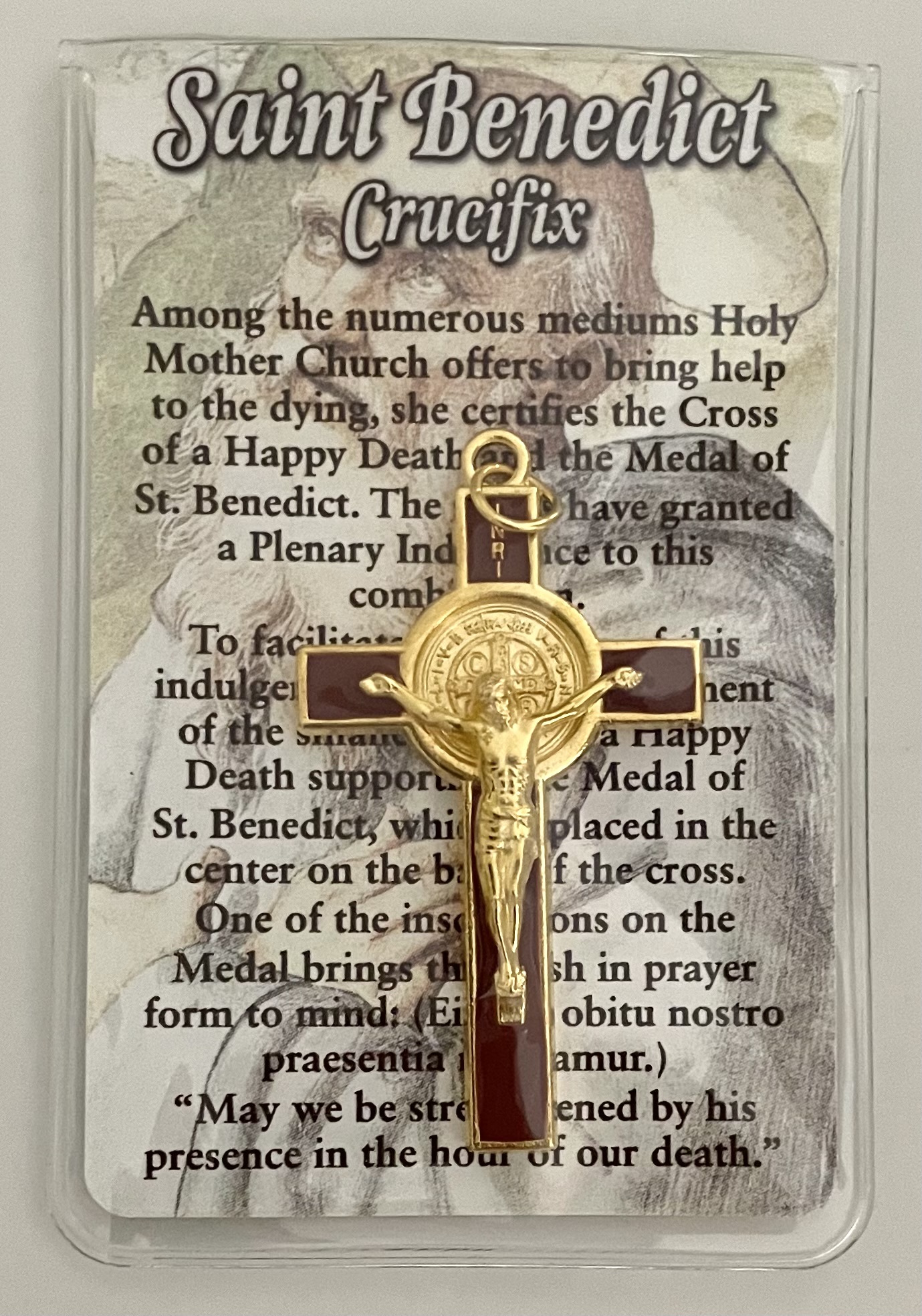 2 in Brown Enameled Saint Benedict Cross with Prayer Card in Pouch