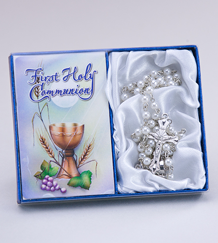 First Communion Generic Rosary And Prayer Card - Pearl