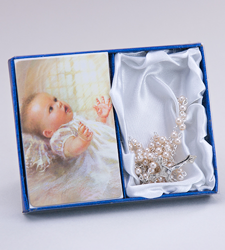 Pearl Baptismal Rosary & Prayercard