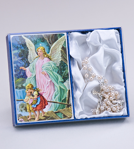 Guardian Angel Rosary & Prayer Card - Pearl