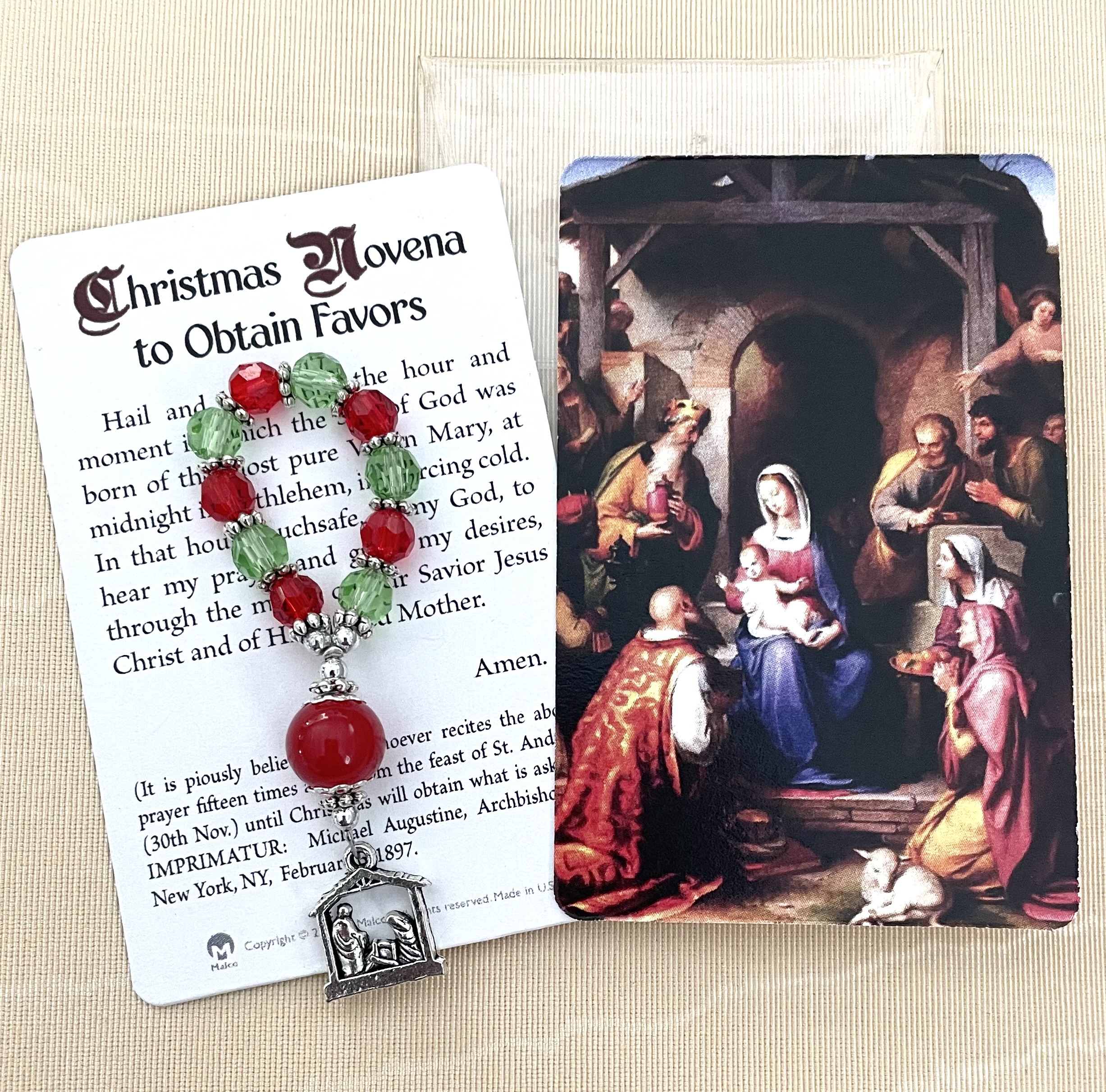 ONE DECADE CHRISTMAS ROSARY MADE WITH EMERALD AND RUBY CRYSTAL BEADS. COMPLETE WITH PRAYER CARD IN VINYL POUCH