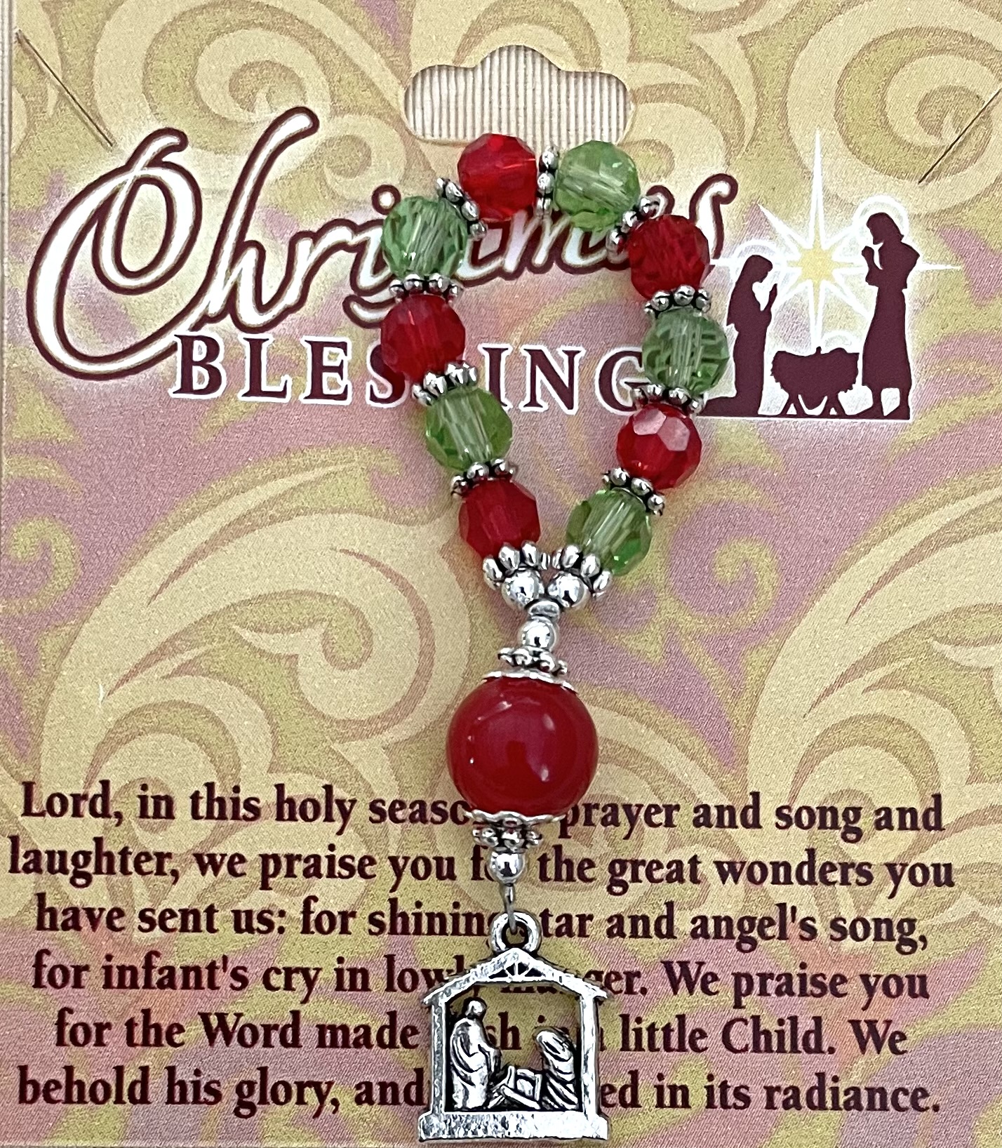 ONE DECADE CHRISTMAS ROSARY MADE WITH EMERALD AND RUBY CRYSTAL BEADS. CARDED