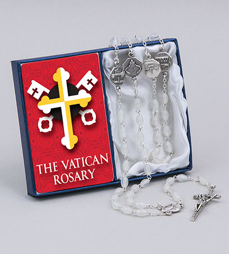 6mm X 8mm Pearl Vatican Rosary with Prayer Card Blue Box