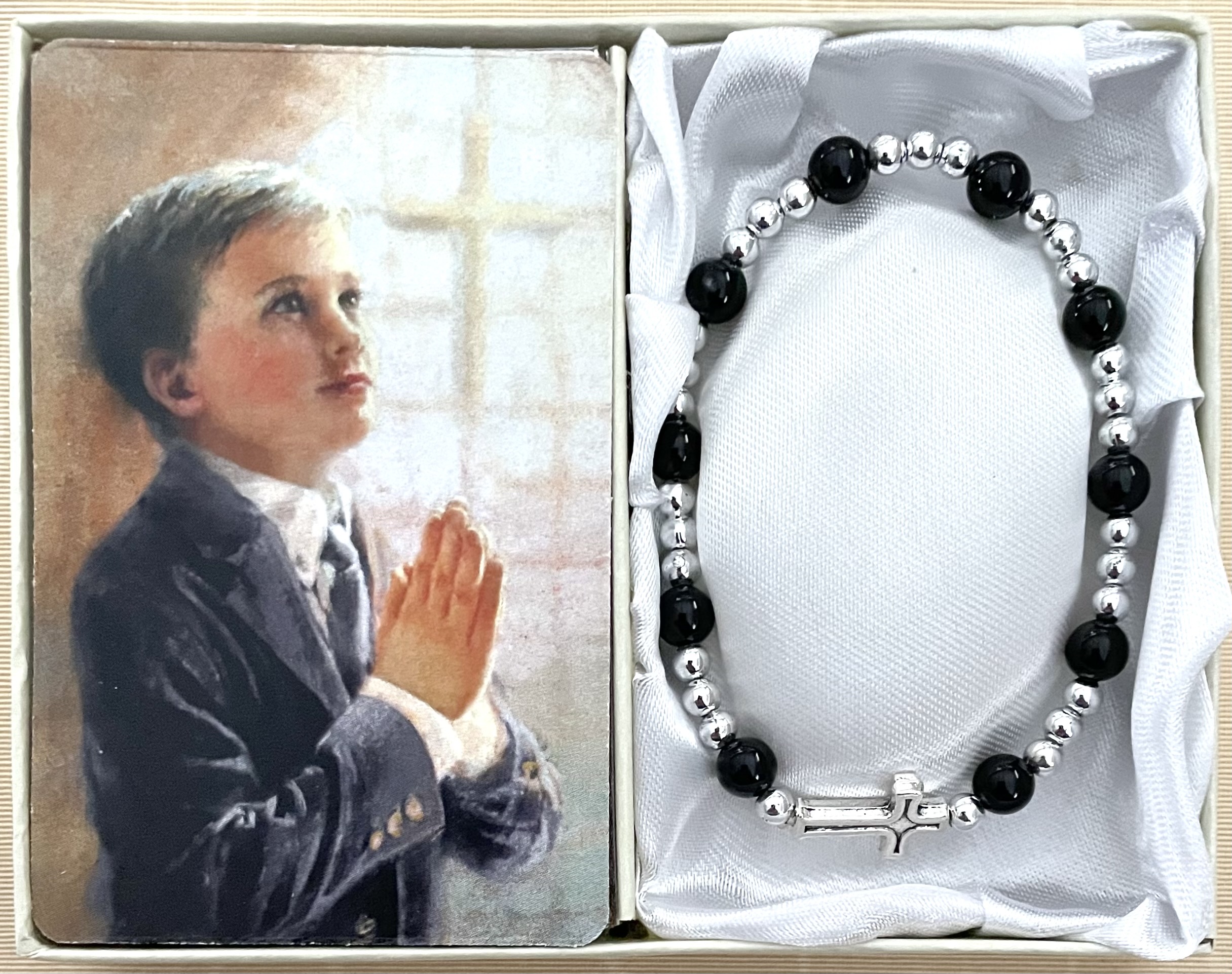 6mm Black Onyx First Communion Bracelet Gift Boxed with Prayer Card that can be Personalized