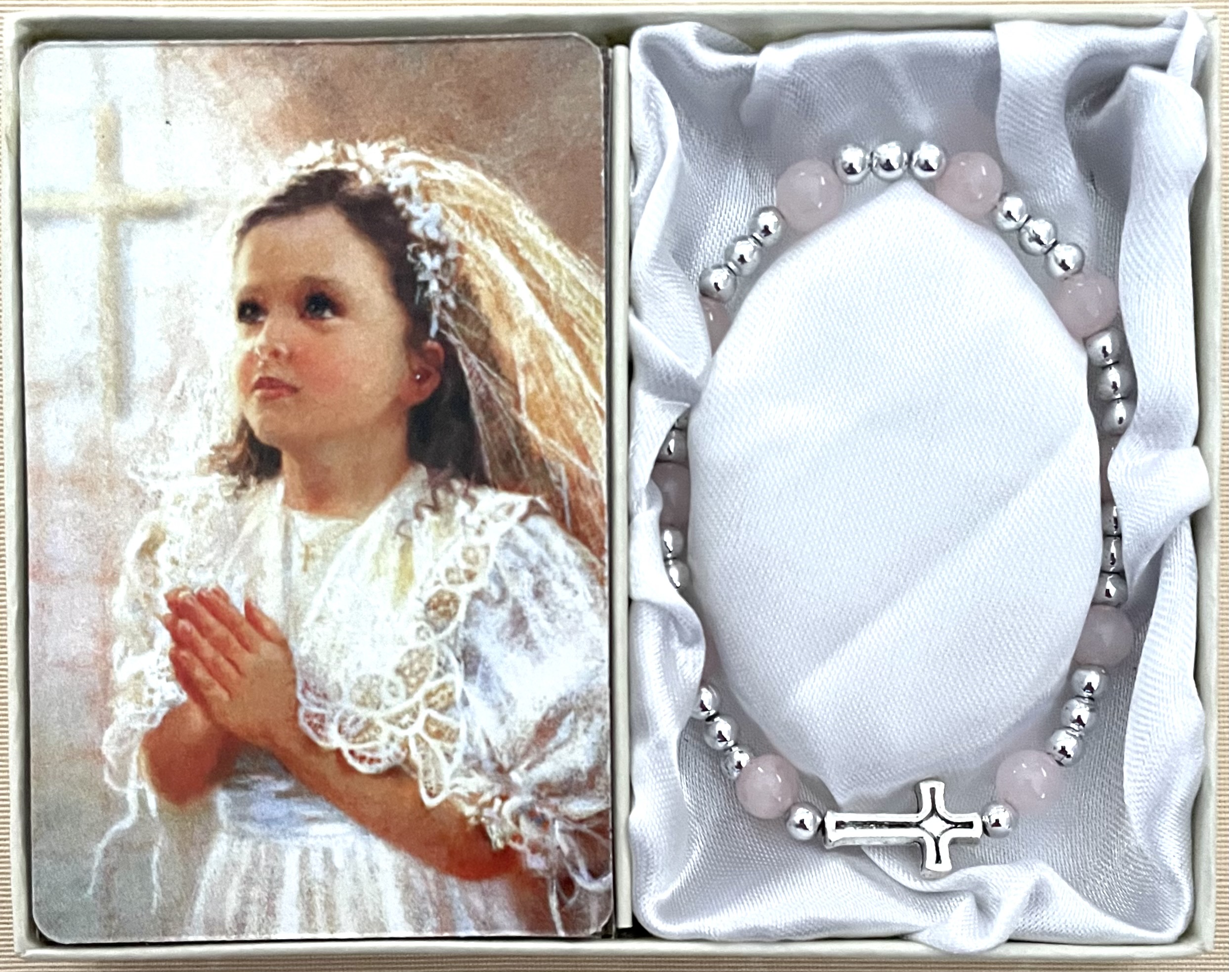 6mm Rose Quartz First Communion Bracelet Gift Boxed with Prayer Card that can be Personalized