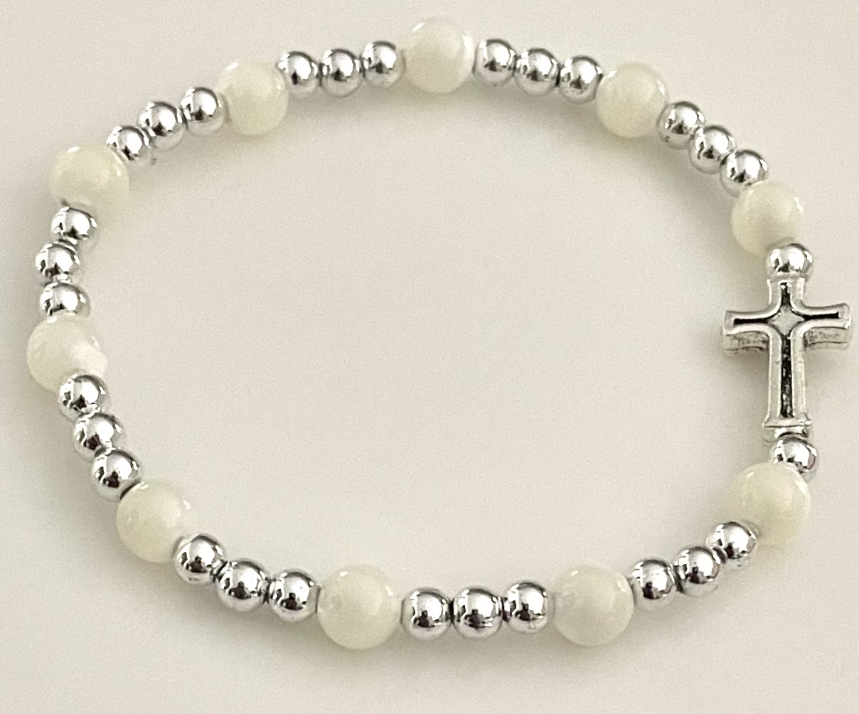6mm MOTHER OF PEARL GEMSTONE STRETCH BRACELET with PRAYER CARD GIFT BOXED