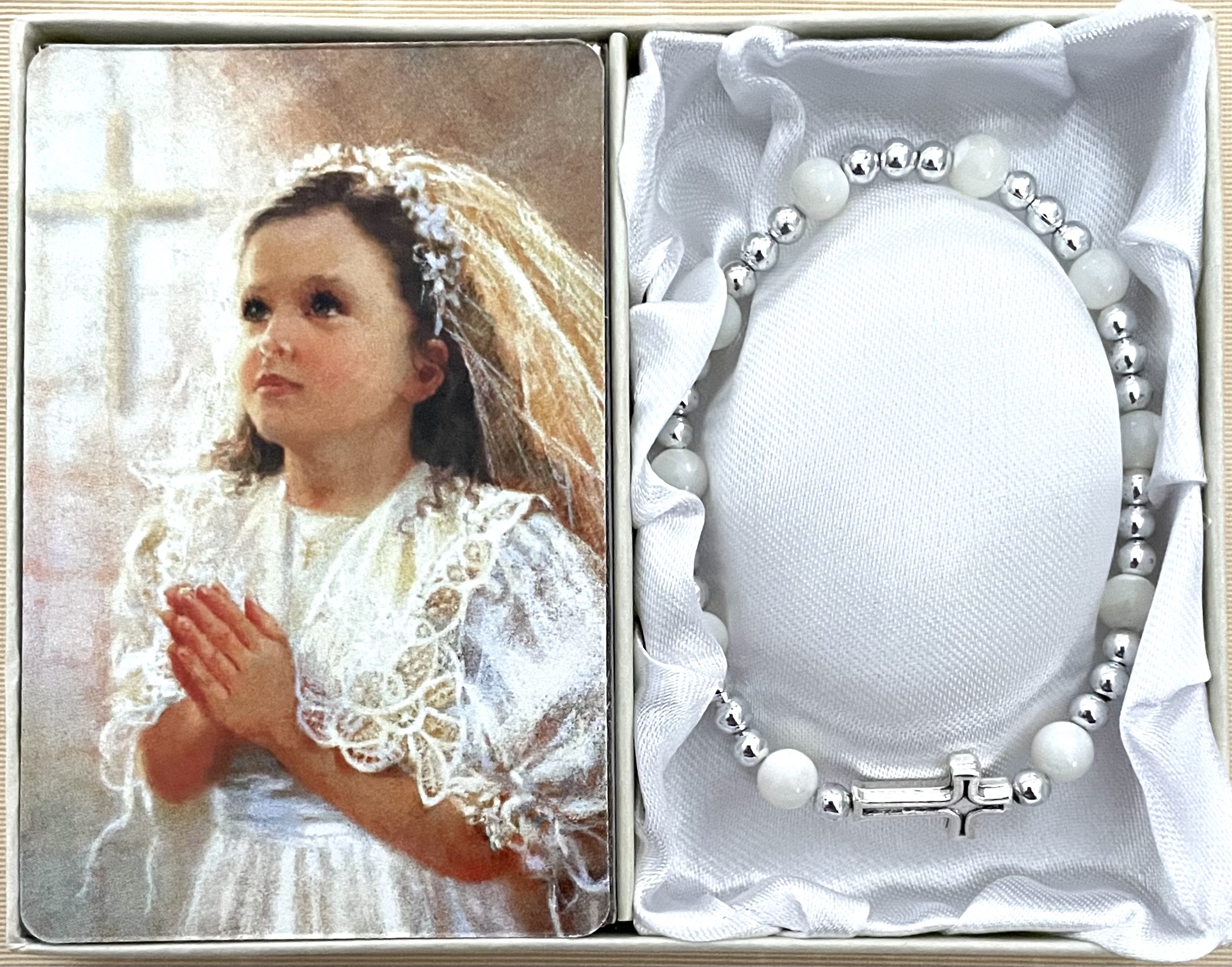 6mm Mother of Pearl First Communion Bracelet Gift Boxed with Prayer Card that can be Personalized