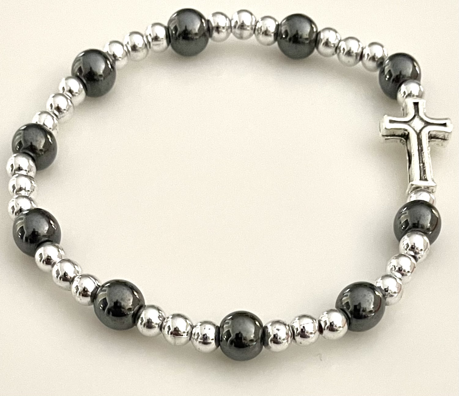6mm HEMATITE GEMSTONE STRETCH BRACELET with PRAYER CARD GIFT BOXED