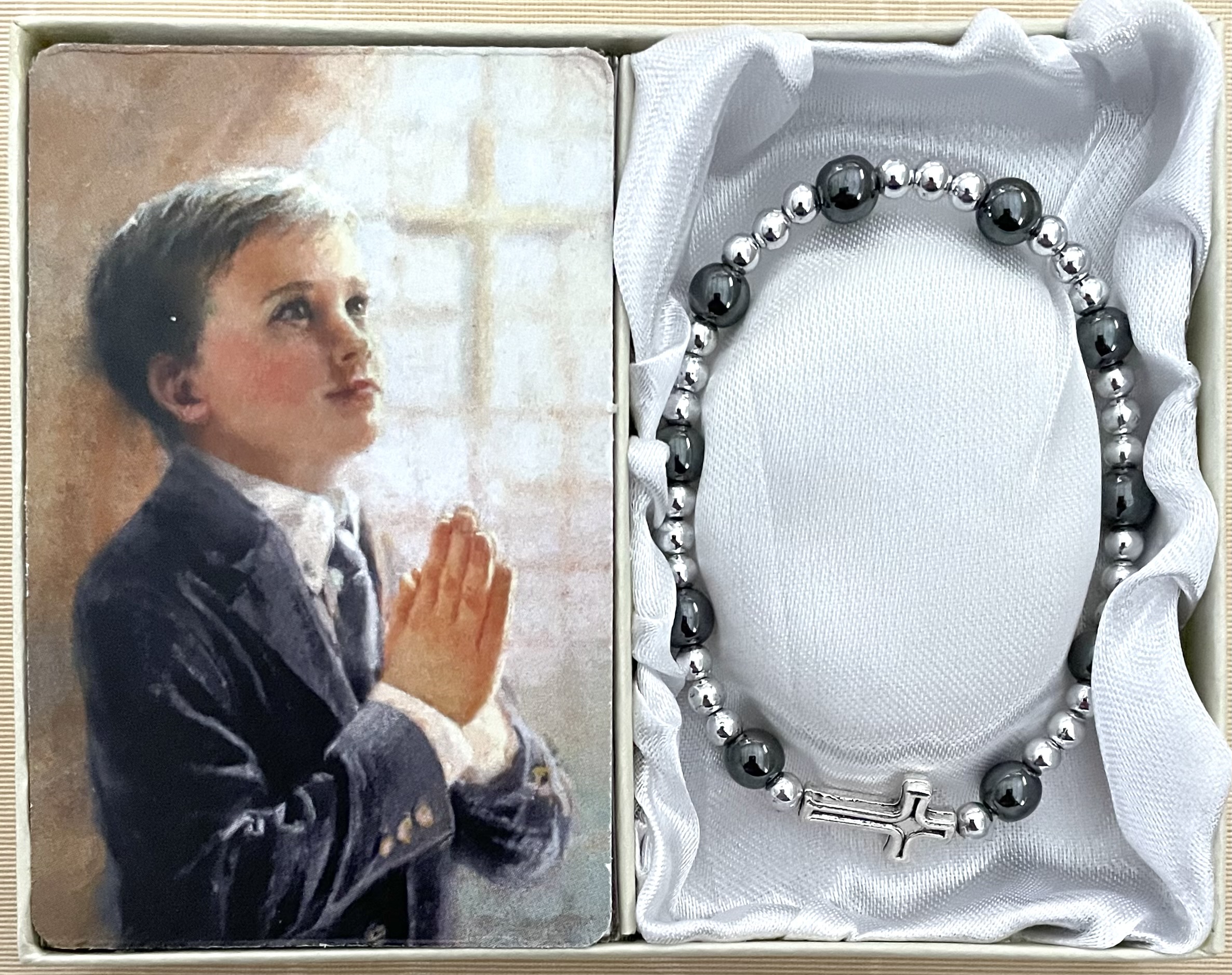 6mm Hematite First Communion Bracelet Gift Boxed with Prayer Card that can be Personalized