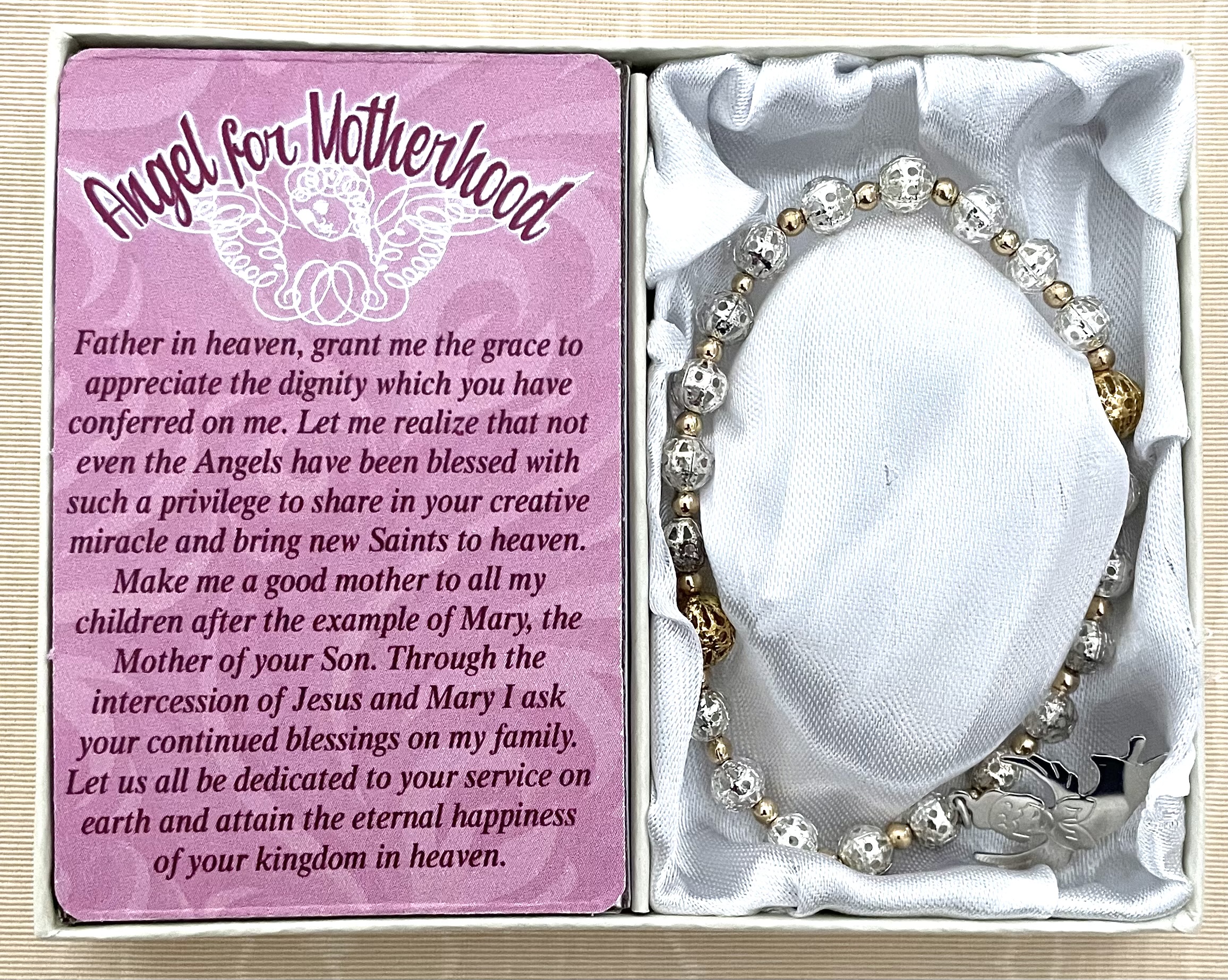 Motherhood Angel Bracelet made with Silver and Gold Filigree Beads and Angel Charm. Gift Boxed with Prayer Card.