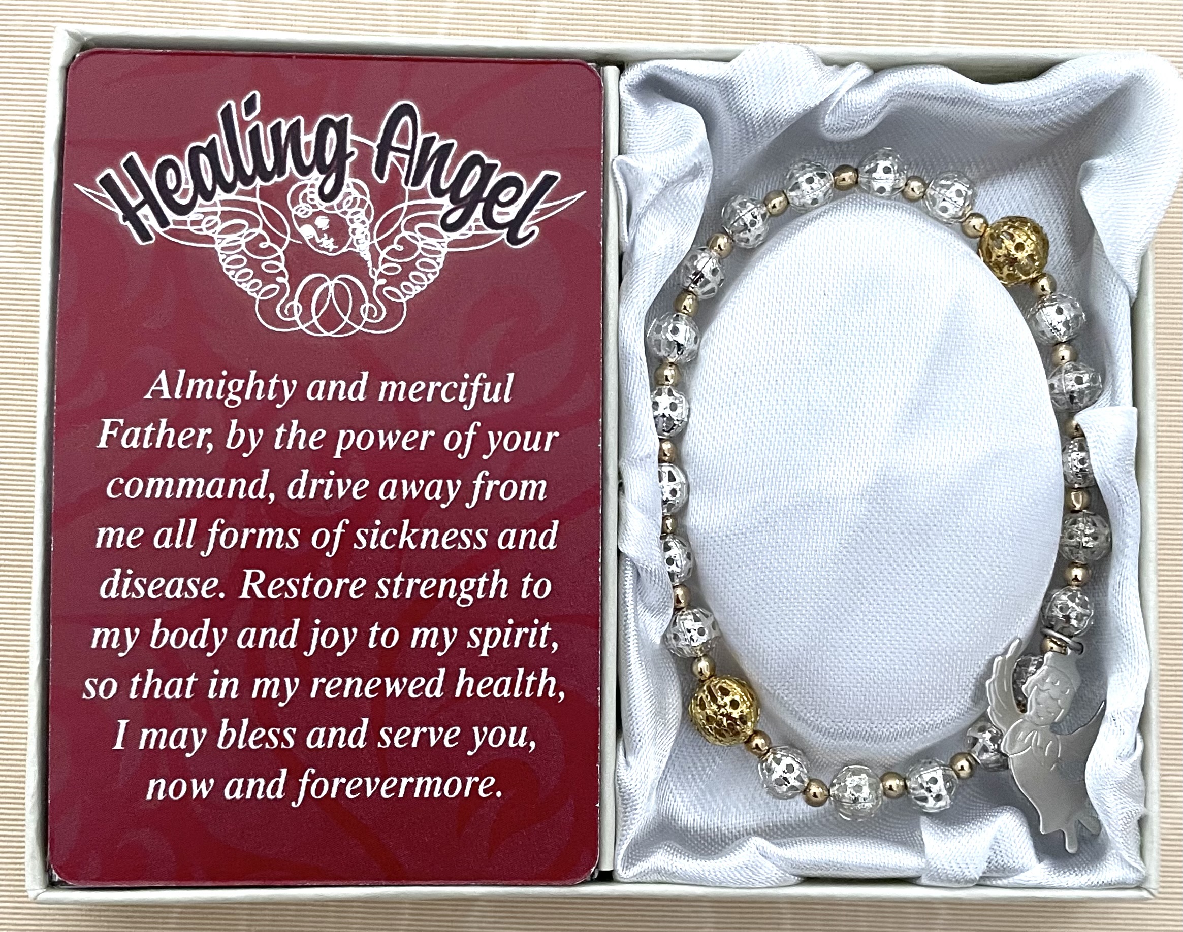 Healing Angel Bracelet made with Silver and Gold Filigree Beads and Angel Charm. Gift Boxed with Prayer Card.