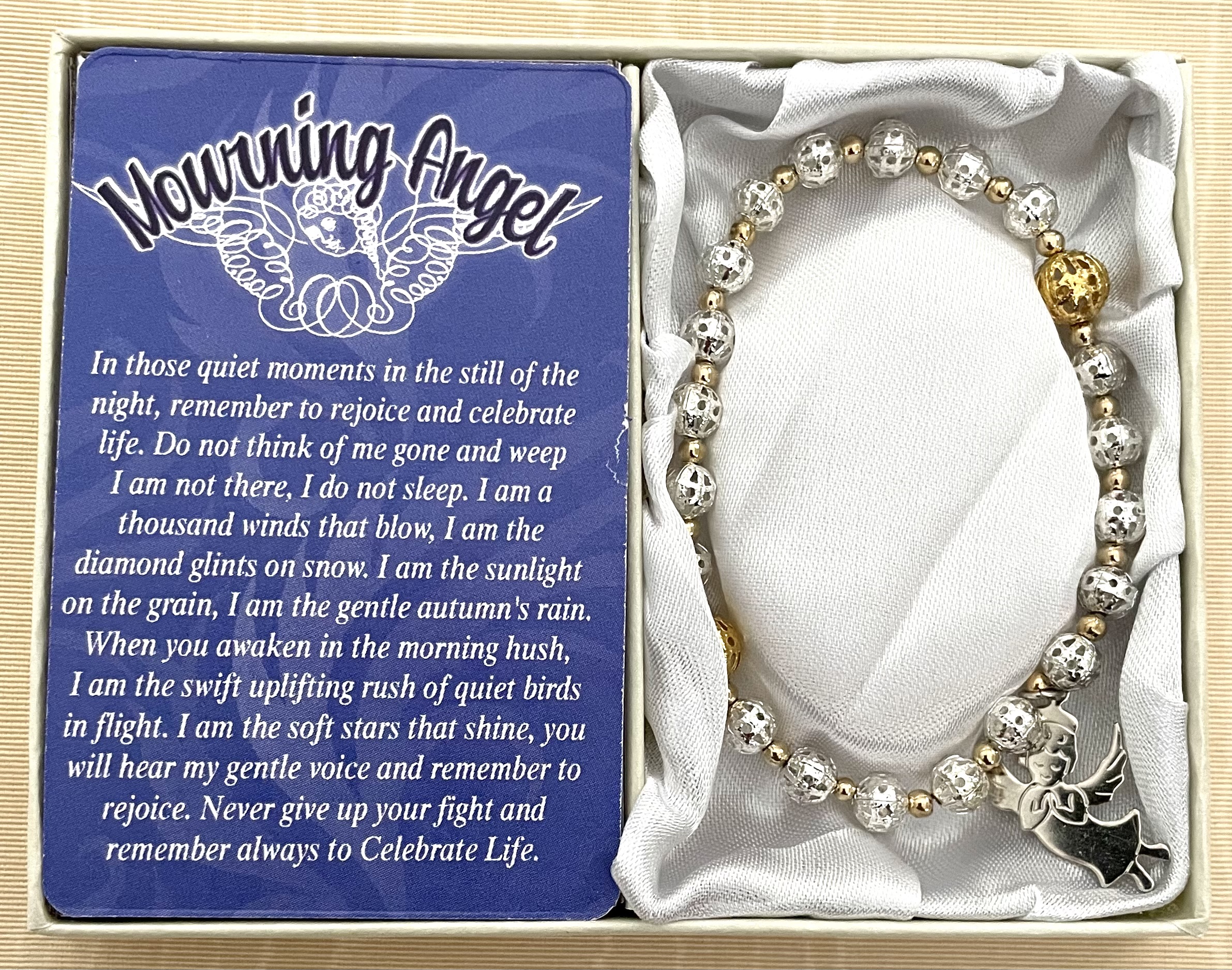 Mourning Angel Bracelet made with Silver and Gold Filigree Beads and Angel Charm. Gift Boxed with Prayer Card.