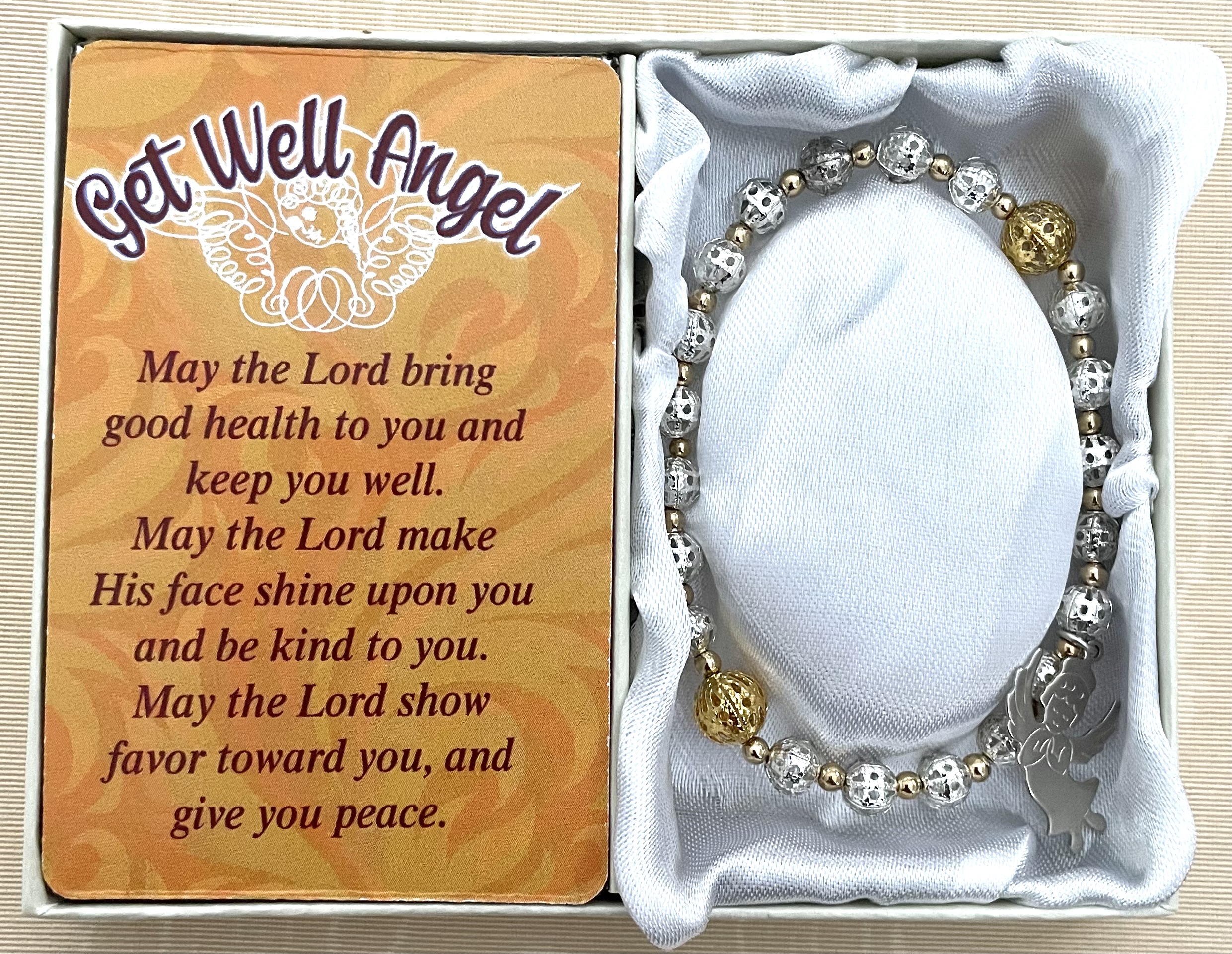 Get Well Angel Bracelet made with Silver and Gold Filigree Beads and Angel Charm. Gift Boxed with Prayer Card.