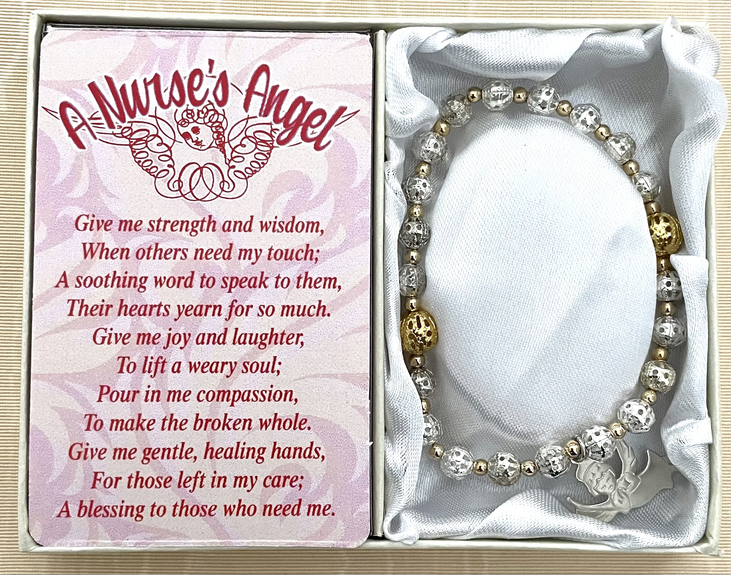 Nurse's Angel Bracelet made with Silver and Gold Filigree Beads and Angel Charm. Gift Boxed with Prayer Card.