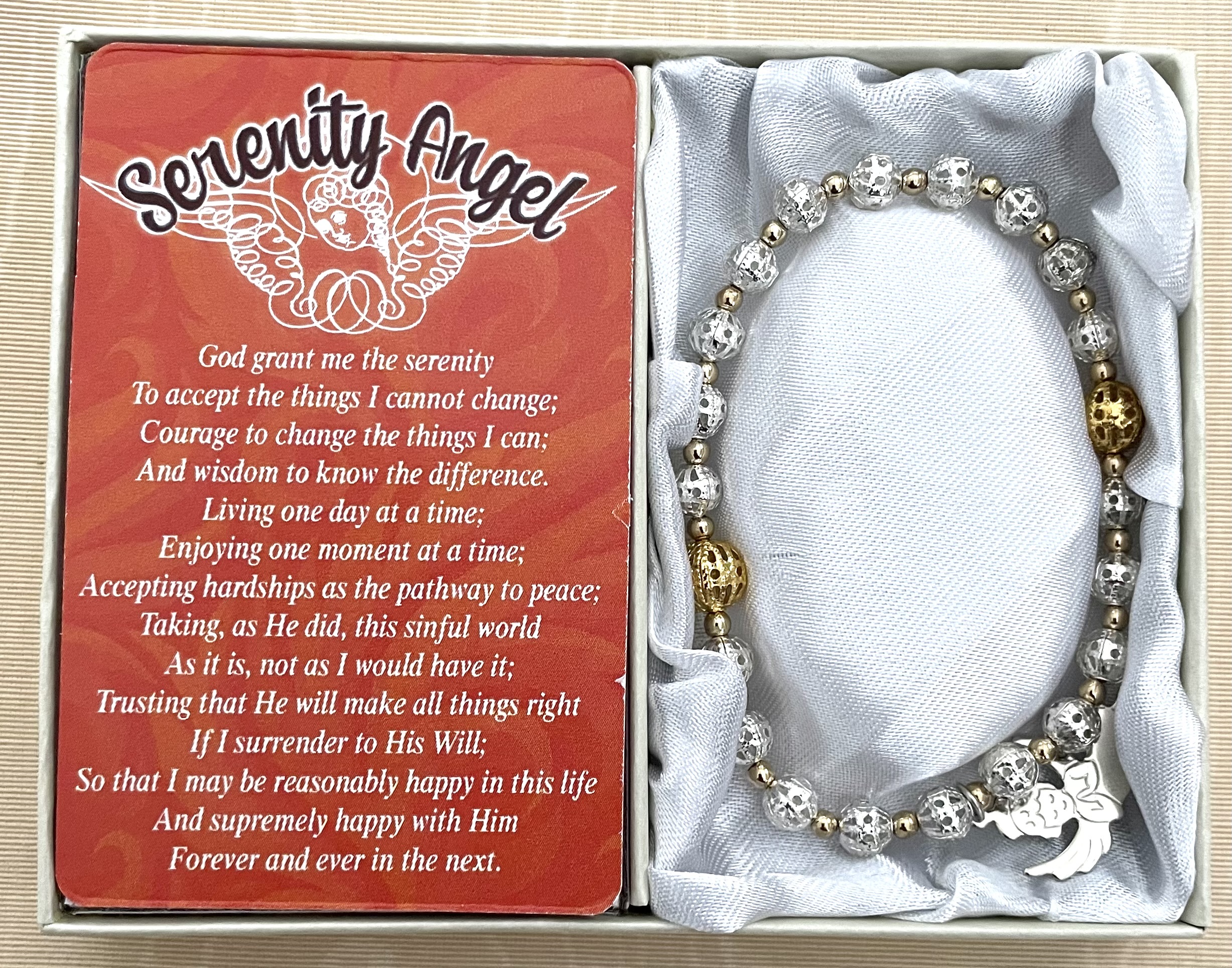 Serenity Angel Bracelet made with Silver and Gold Filigree Beads and Angel Charm. Gift Boxed with Prayer Card.