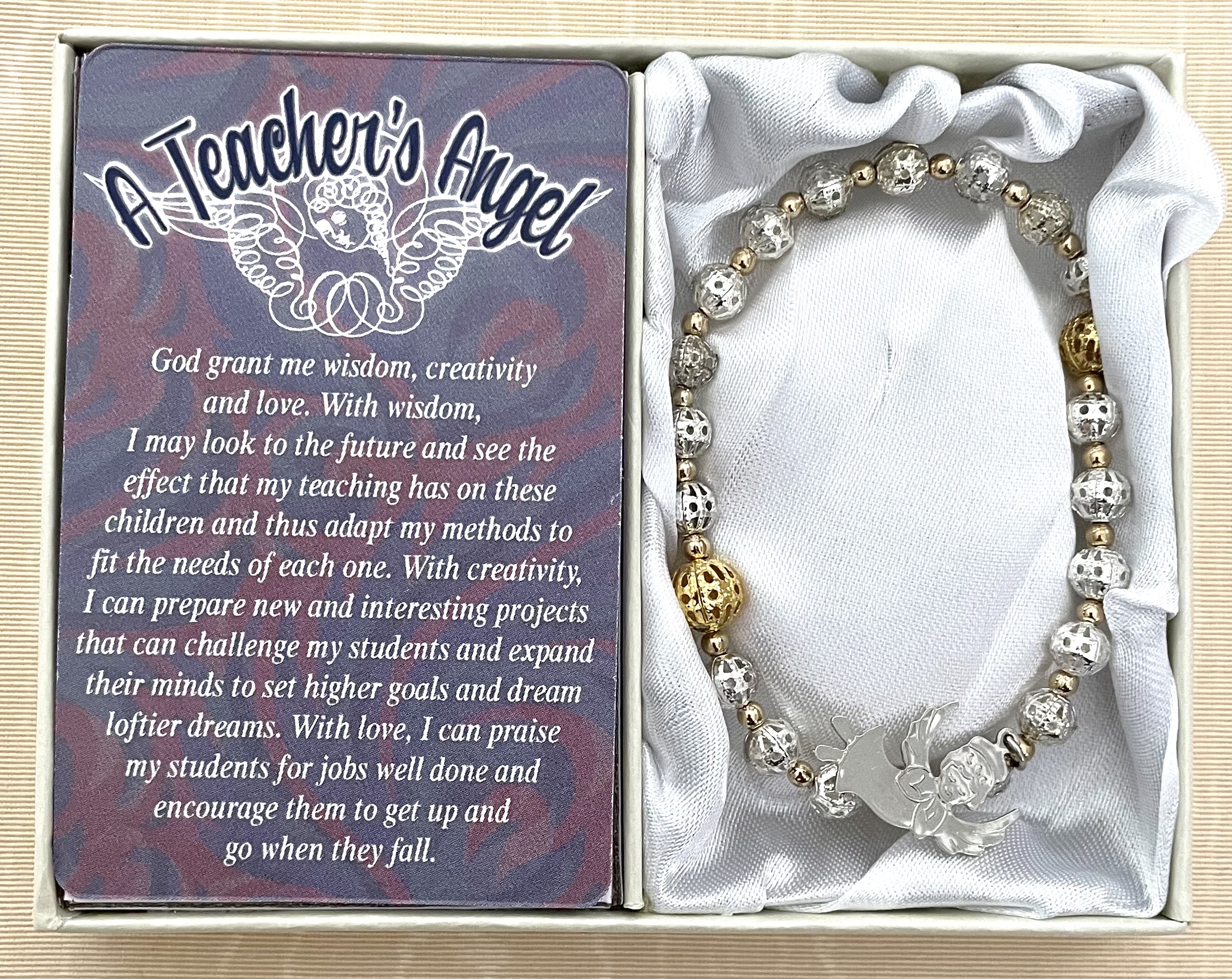 Teachers Angel Bracelet made with Silver and Gold Filigree Beads and Angel Charm. Gift Boxed with Prayer Card.