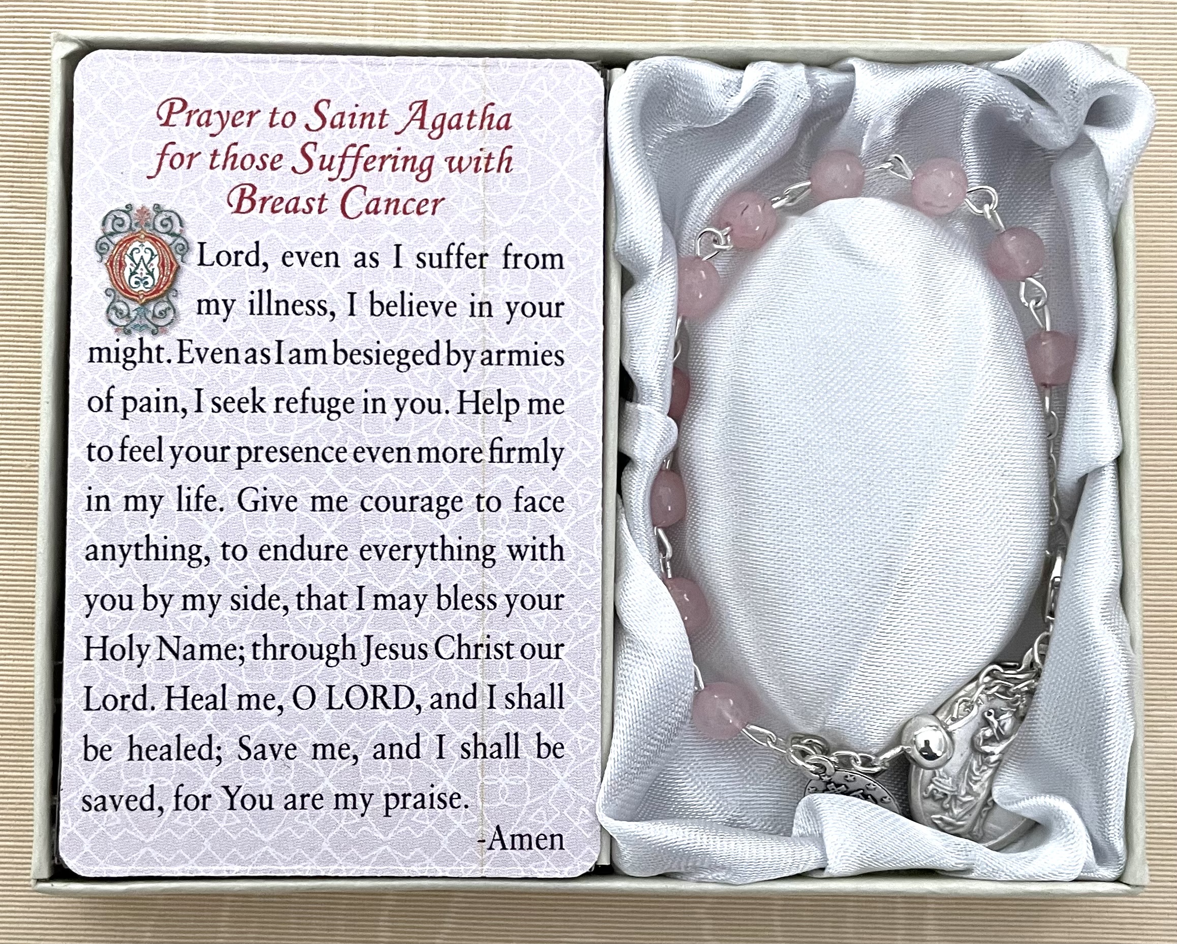 Saint Agatha-Breast Cancer Healing Bracelet. Gemstone Rosary Bracelet with Oxidized Medal and Prayer Card with Healing Prayer on Back. Gift Boxed