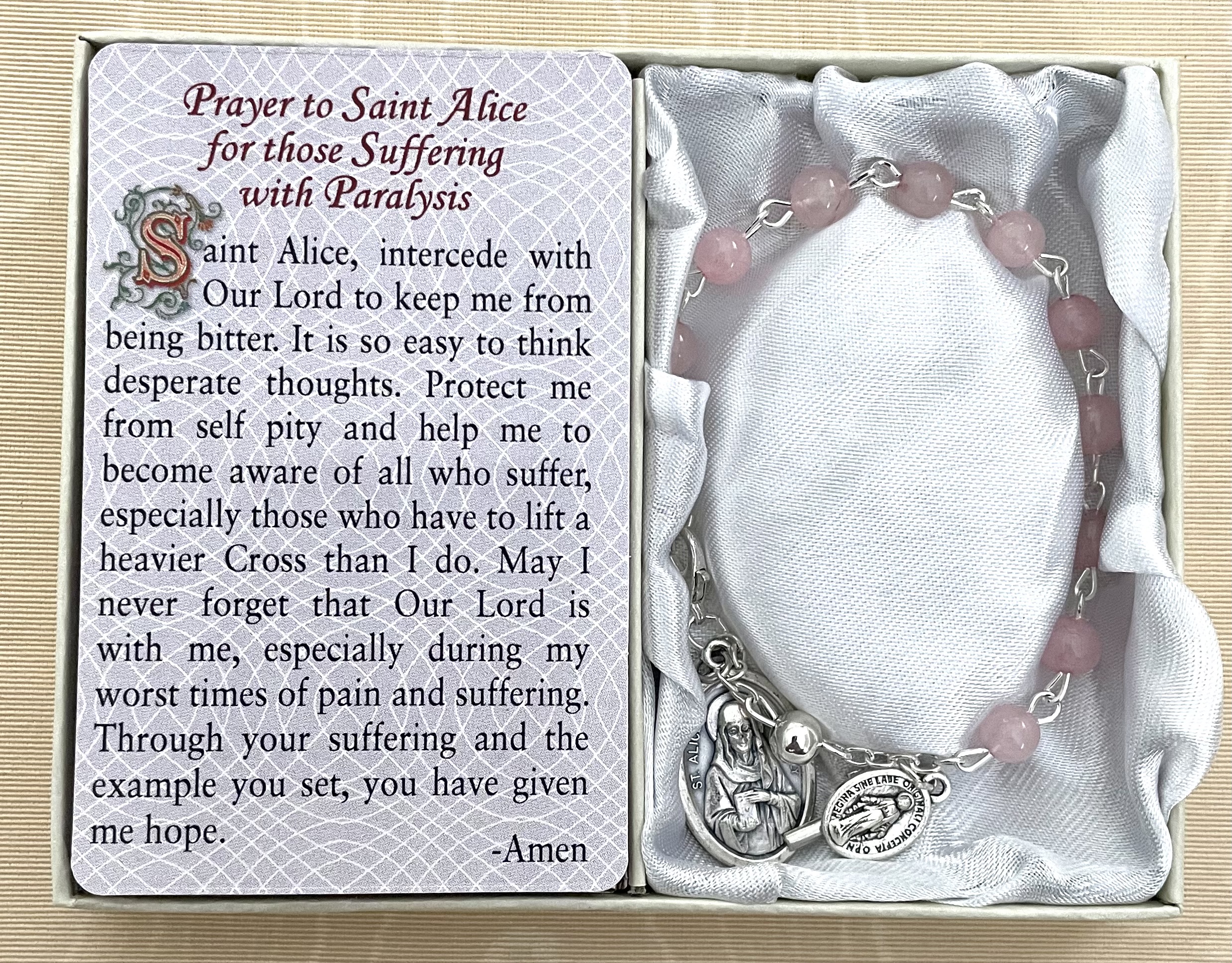 Saint Alice-Paralysis Healing Bracelet. Gemstone Rosary Bracelet with Oxidized Medal and Prayer Card with Healing Prayer on Back. Gift Boxed