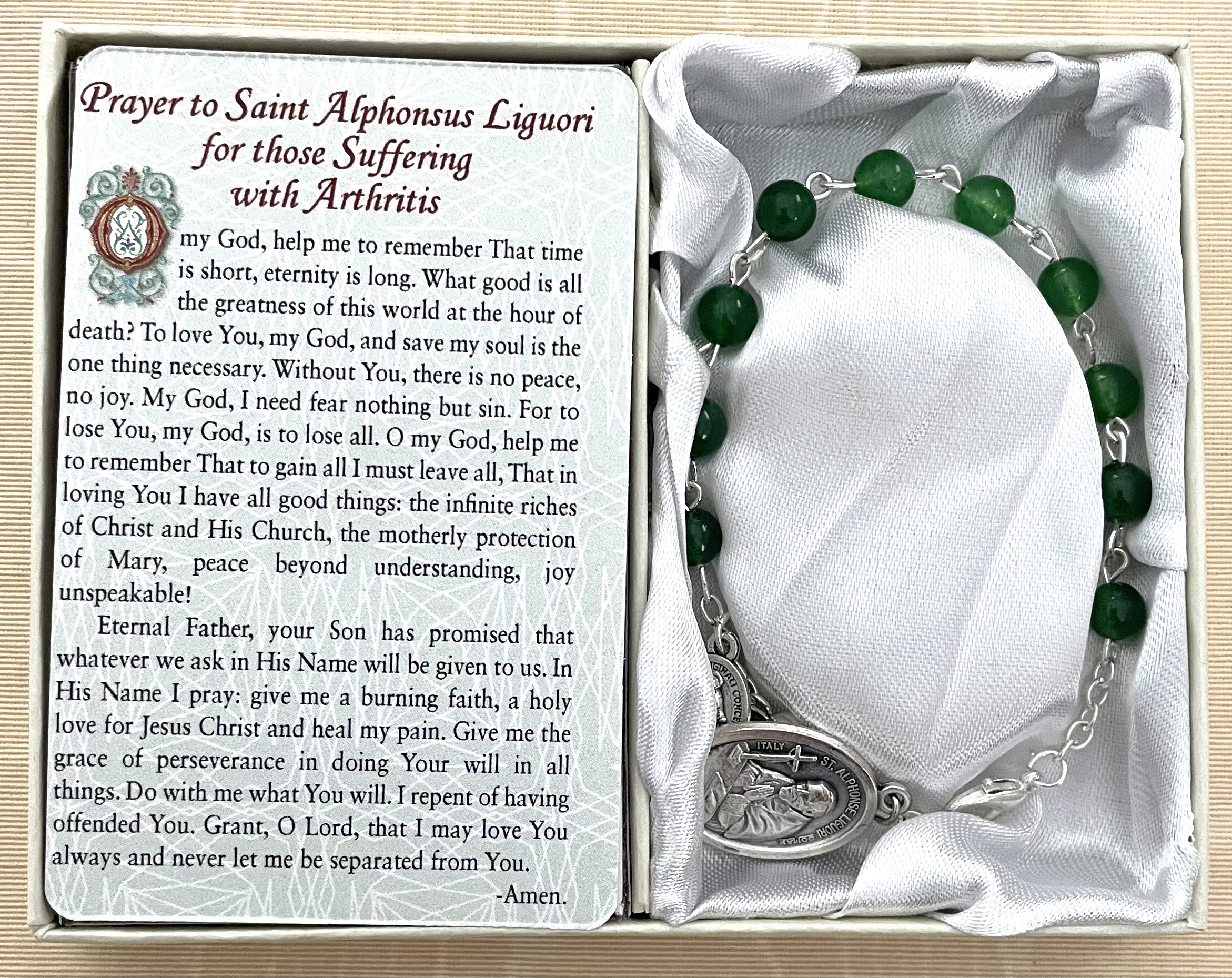 Saint Alphonsus Liguori-Arthritis Healing Bracelet. Gemstone Rosary Bracelet with Oxidized Medal and Prayer Card with Healing Prayer on Back. Gift Boxed
