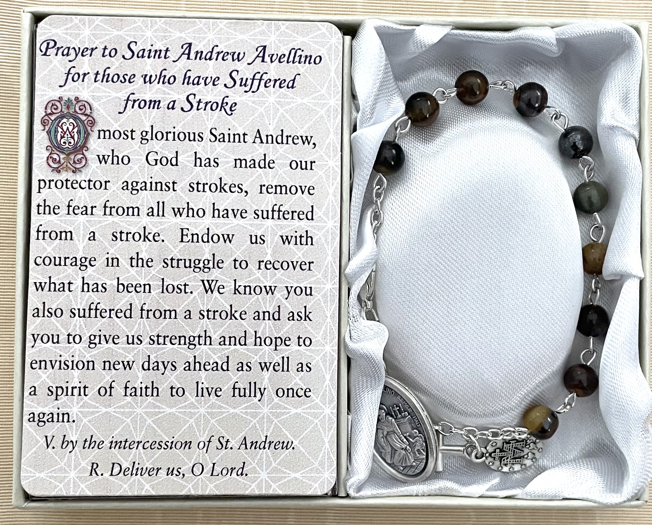 Saint Andrew Avellino-Stroke Healing Bracelet. Gemstone Rosary Bracelet with Oxidized Medal and Prayer Card with Healing Prayer on Back. Gift Boxed