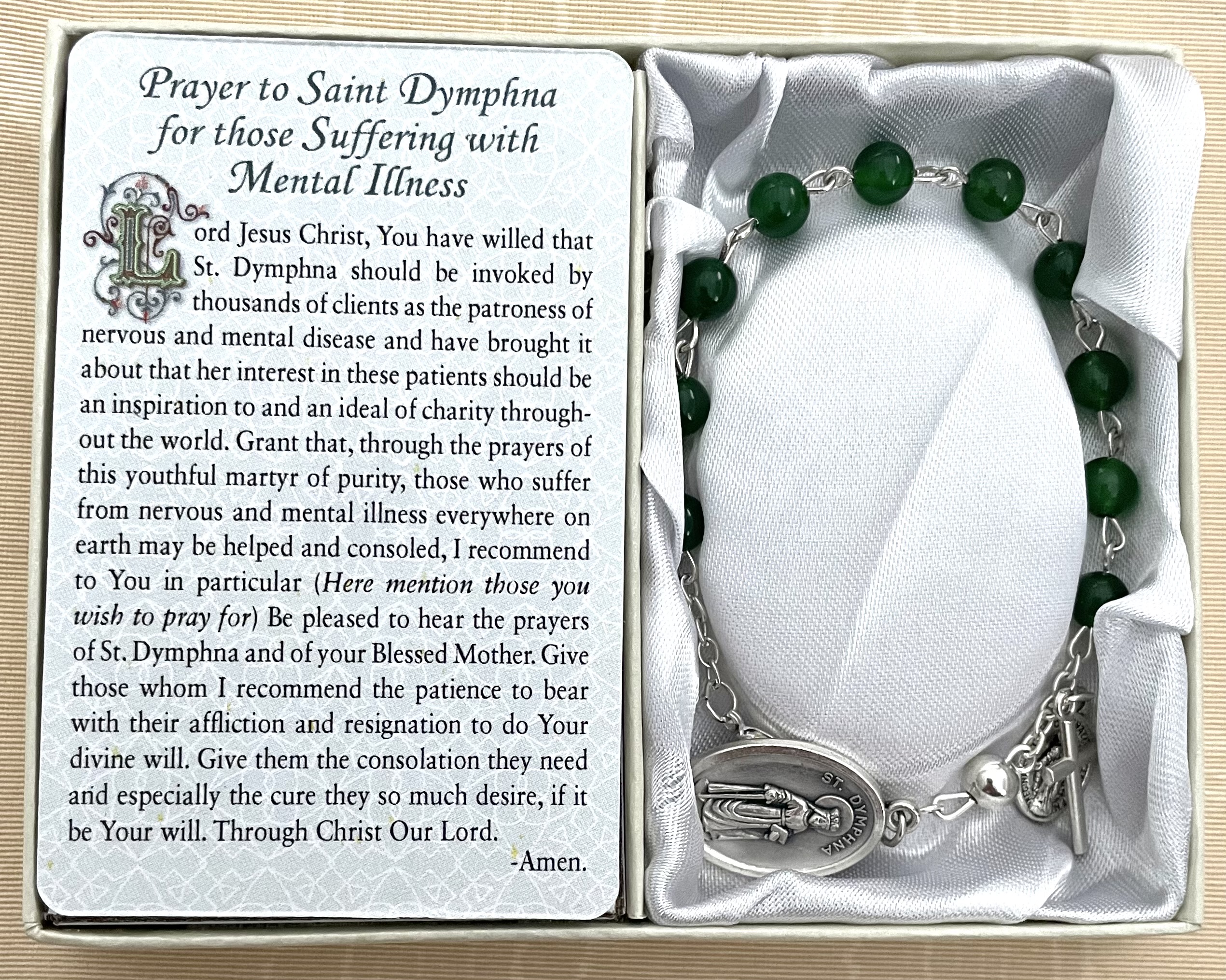 Saint Dymphna-Mental Illness Healing Bracelet. Gemstone Rosary Bracelet with Oxidized Medal and Prayer Card with Healing Prayer on Back. Gift Boxed