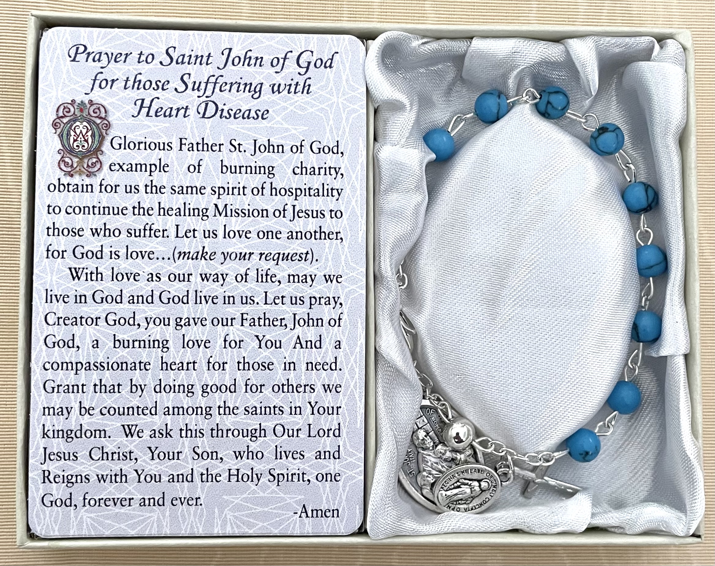 Saint John of God-Heart Disease Healing Bracelet. Gemstone Rosary Bracelet with Oxidized Medal and Prayer Card with Healing Prayer on Back. Gift Boxed