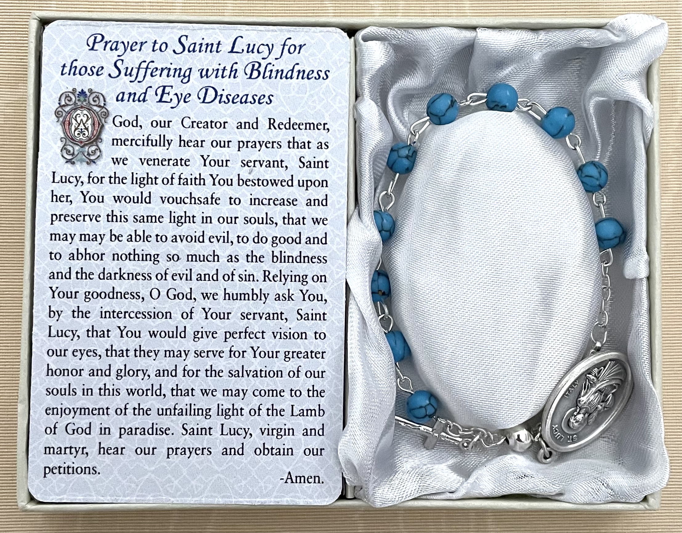 Saint Lucy-Eye Diseases Healing Bracelet. Gemstone Rosary Bracelet with Oxidized Medal and Prayer Card with Healing Prayer on Back. Gift Boxed