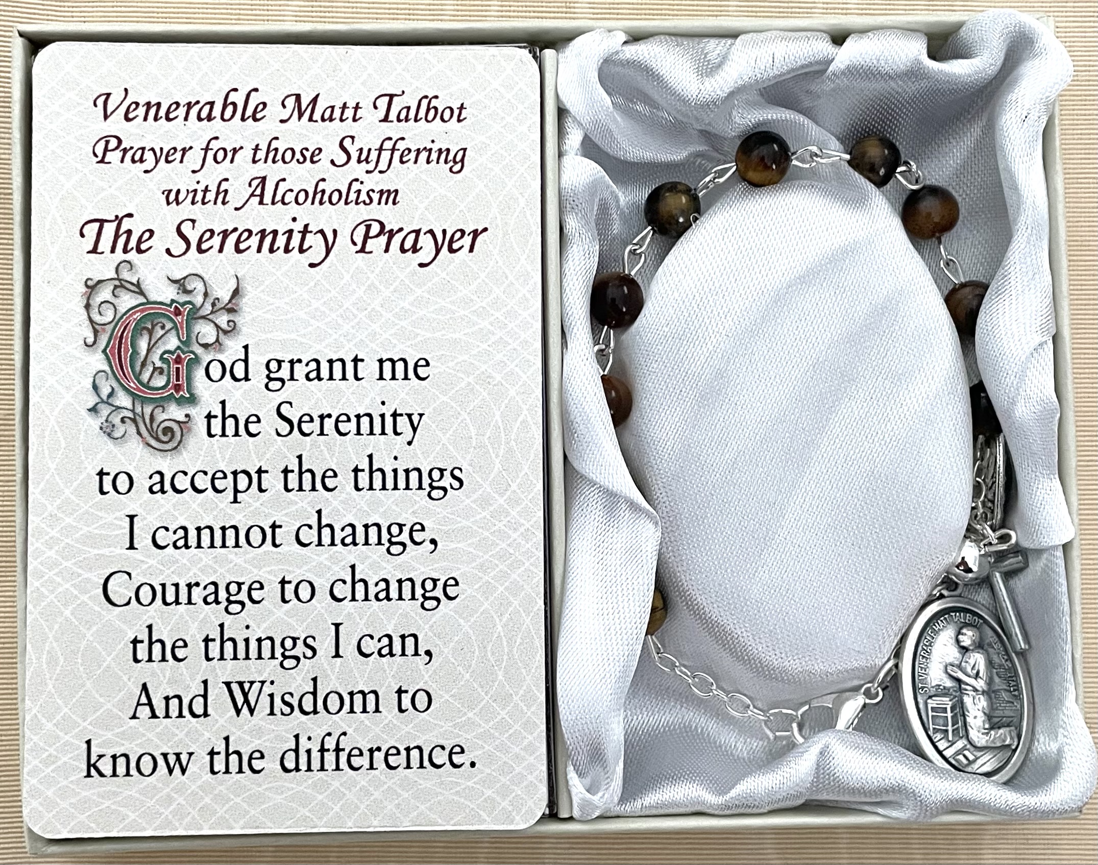 Venerable Matt Talbot-Alcoholism Healing Bracelet. Gemstone Rosary Bracelet with Oxidized Medal and Prayer Card with Healing Prayer on Back. Gift Boxed